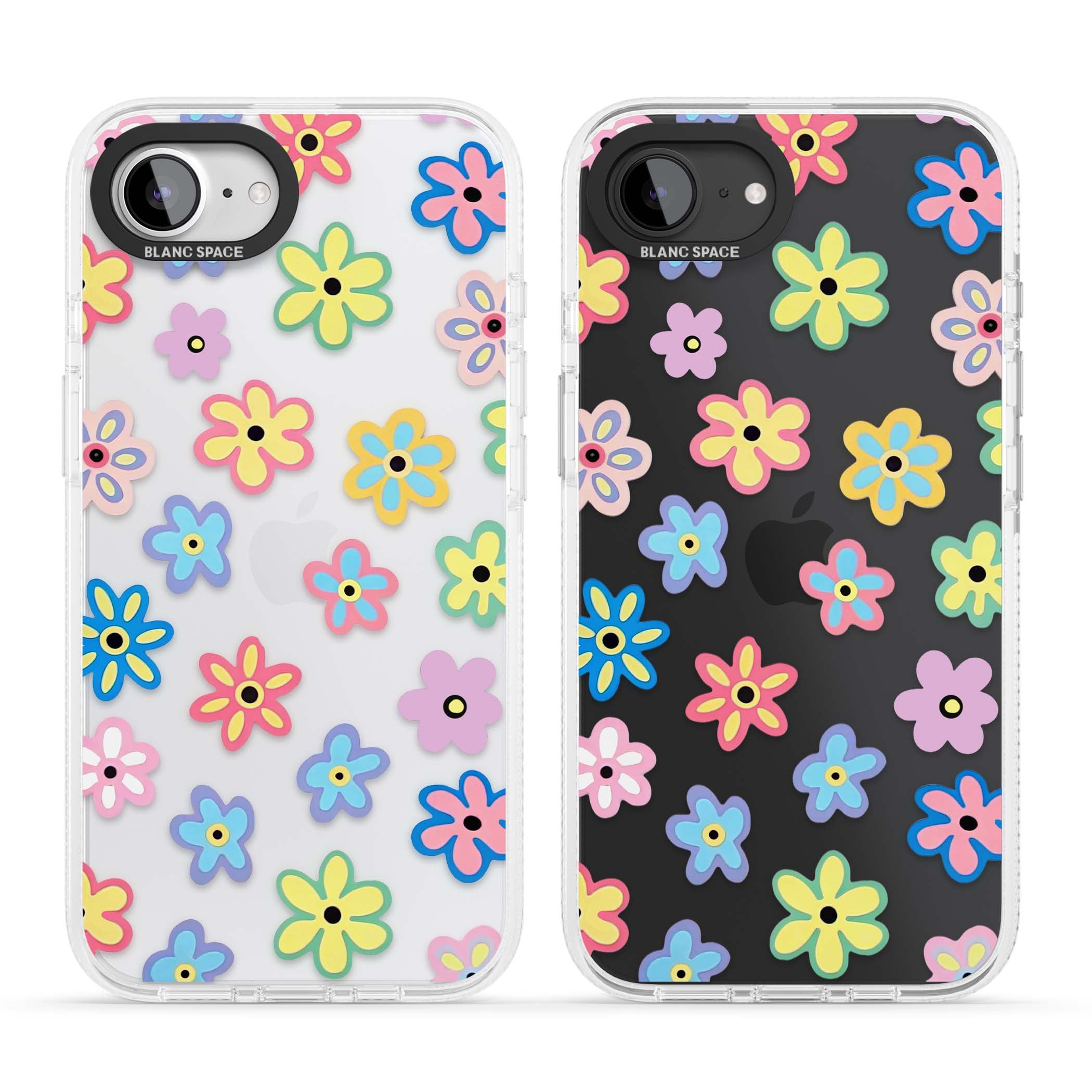 Bloom Pop cottagecore iPhone case featuring multicolor pastel flowers with black centers on clear background | Clear Case Impact Air case for iPhone 16e, iPhone 17e