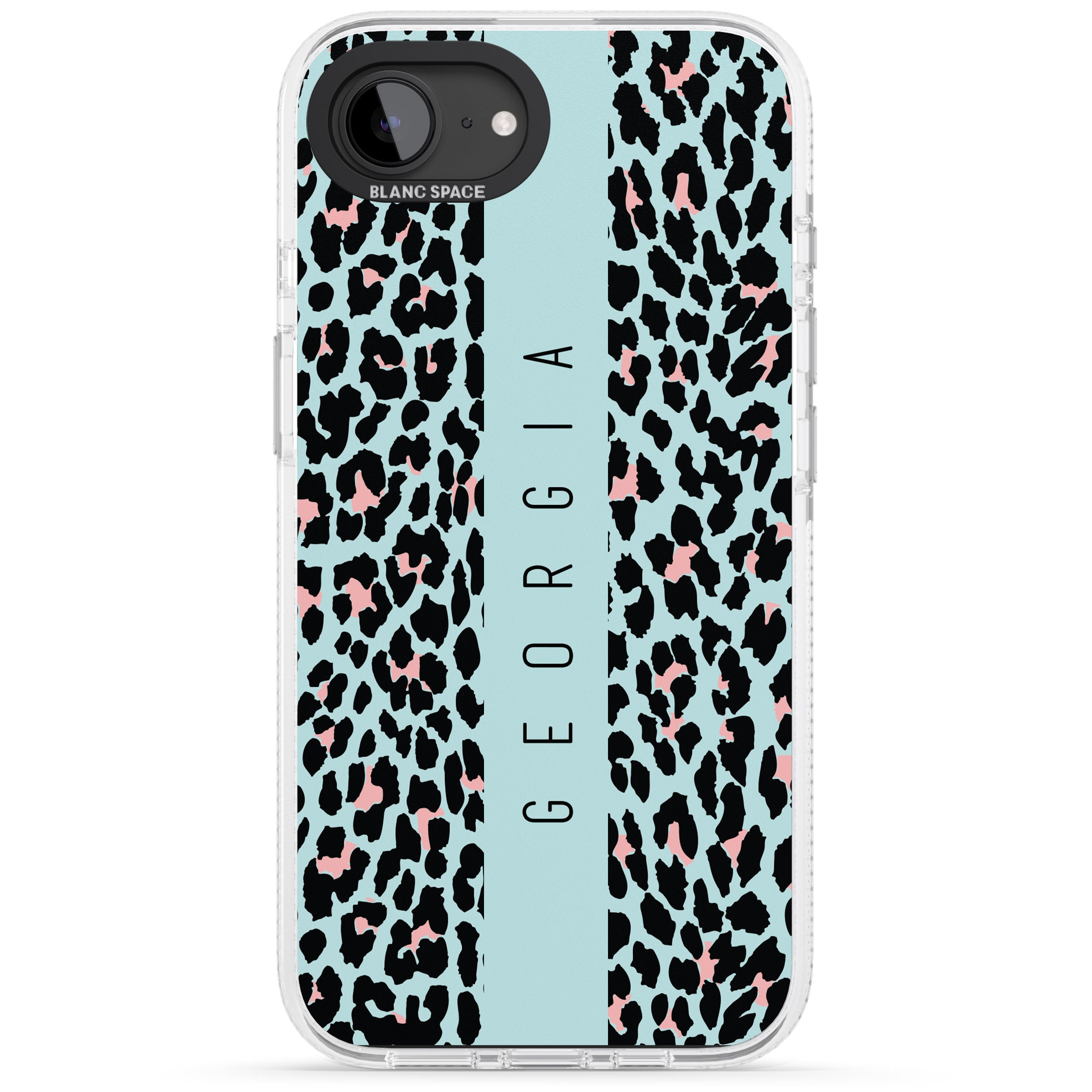 Personalised Blue Leopard Spots iPhone 16e Clear Case Impact Air - Blanc Space