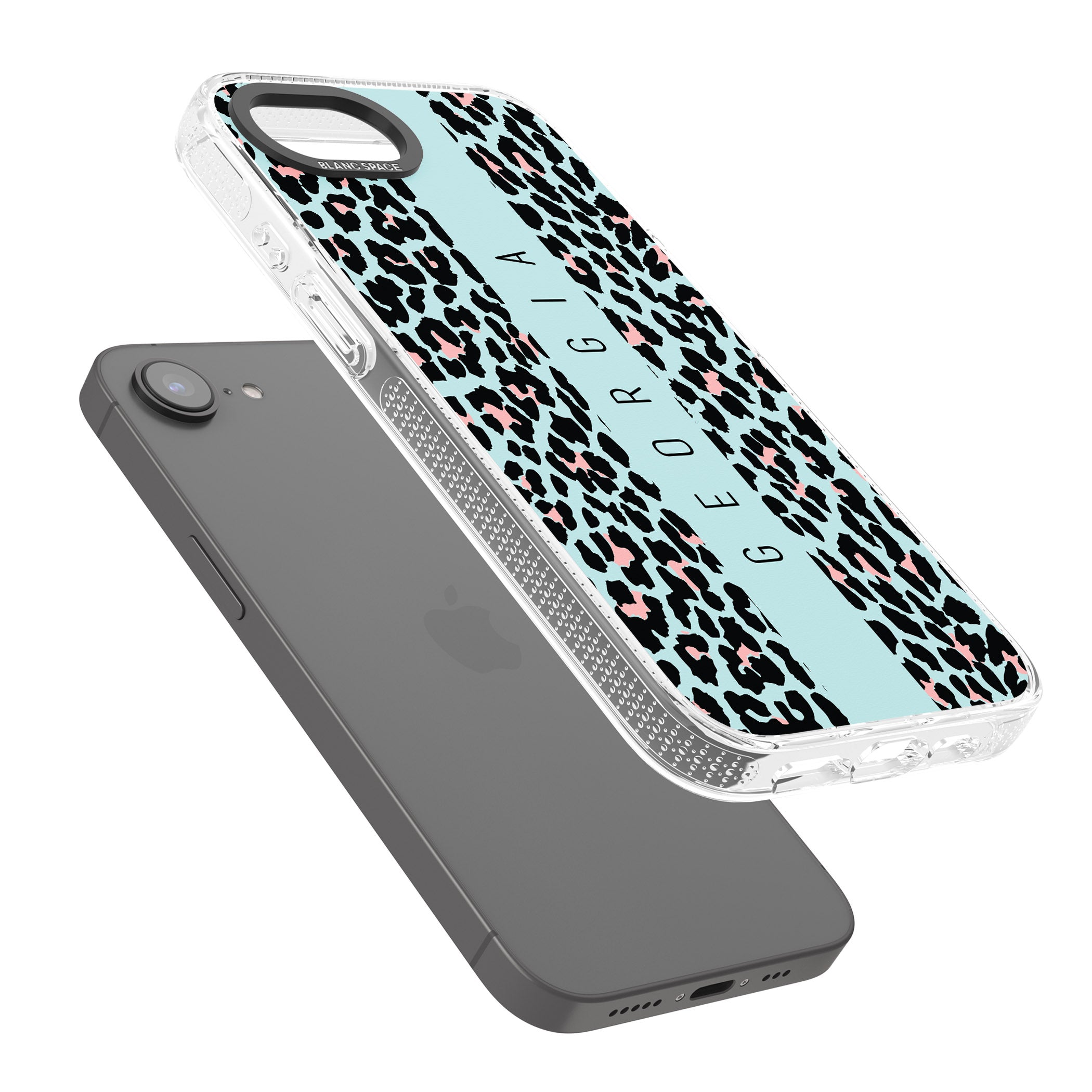 Personalised Blue Leopard Spots iPhone 16e Clear Case Impact Air - Blanc Space