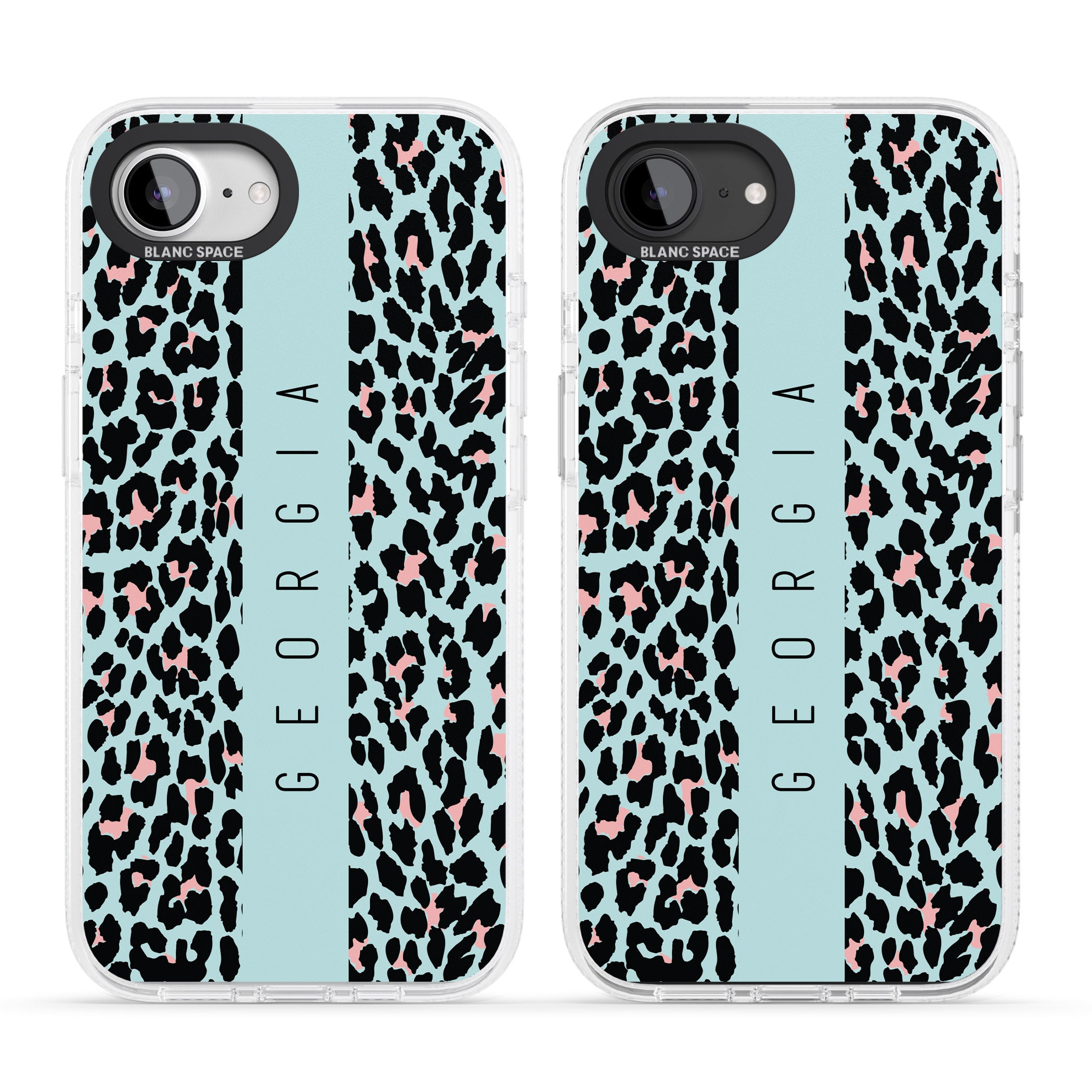 Personalised Blue Leopard Spots iPhone 16e Clear Case Impact Air - Blanc Space