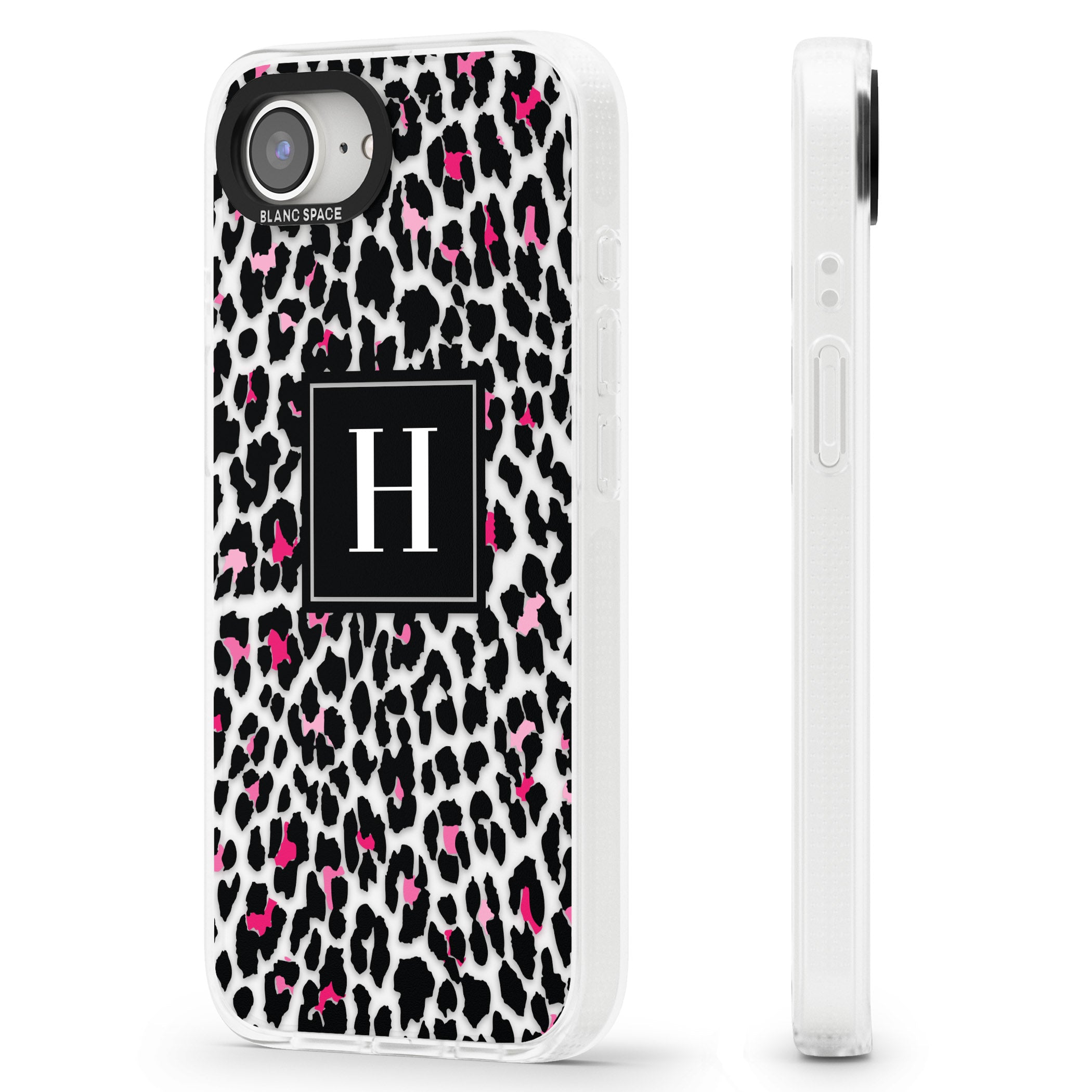 Personalised Pink Monogram Leopard Spots iPhone 16e Clear Case Impact Air - Blanc Space