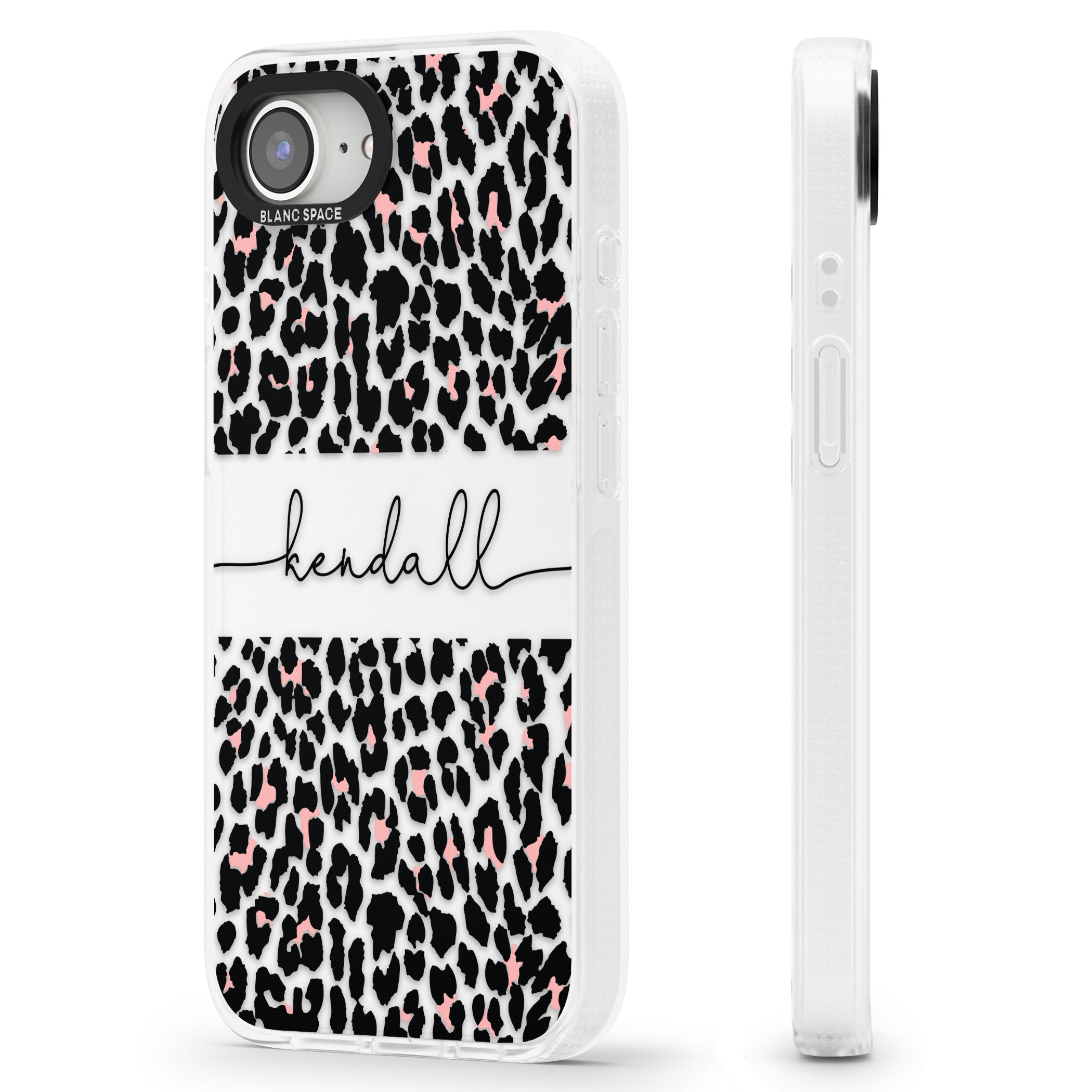 Personalised Pink & Cursive Leopard Spots iPhone 16e Clear Case Impact Air - Blanc Space