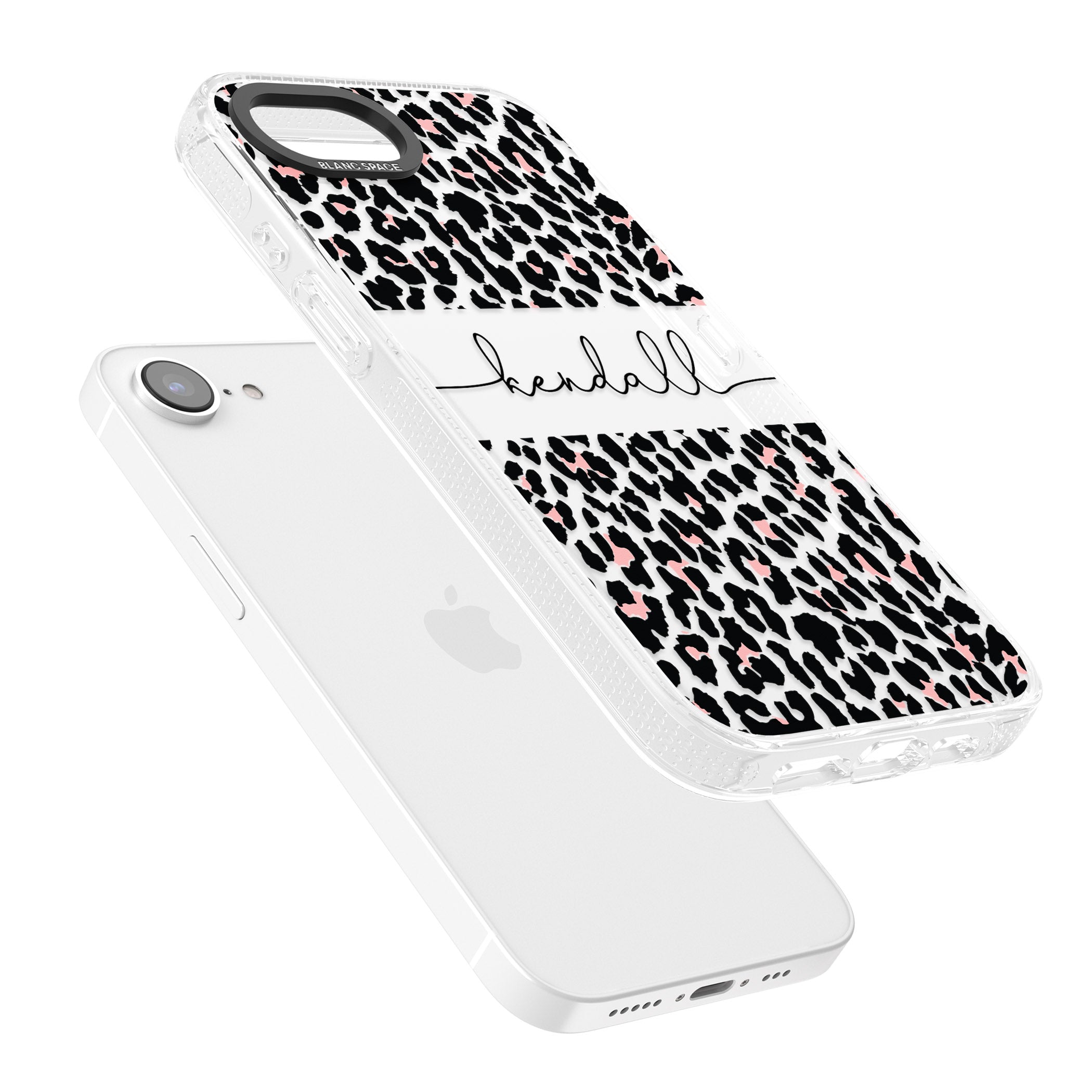 Personalised Pink & Cursive Leopard Spots iPhone 16e Clear Case Impact Air - Blanc Space