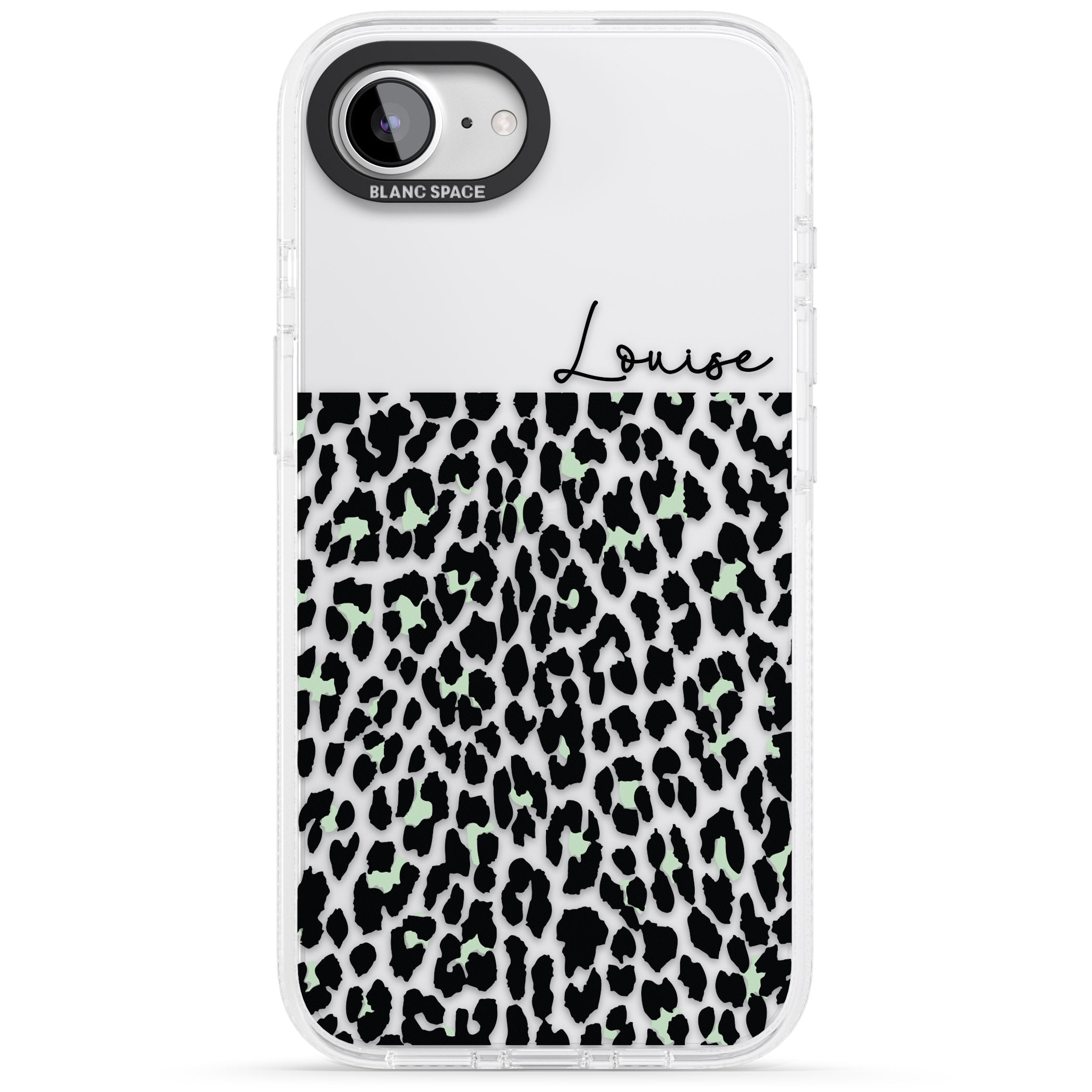 Personalised Seafoam Green & Cursive Leopard Spots iPhone 16e Clear Case Impact Air - Blanc Space