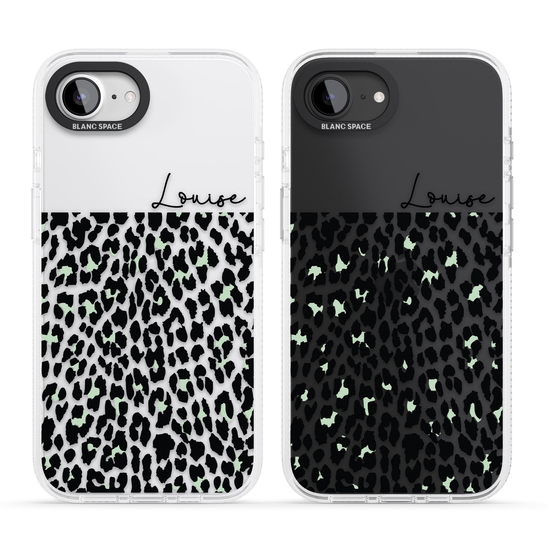 Personalised Seafoam Green & Cursive Leopard Spots iPhone 16e Clear Case Impact Air - Blanc Space
