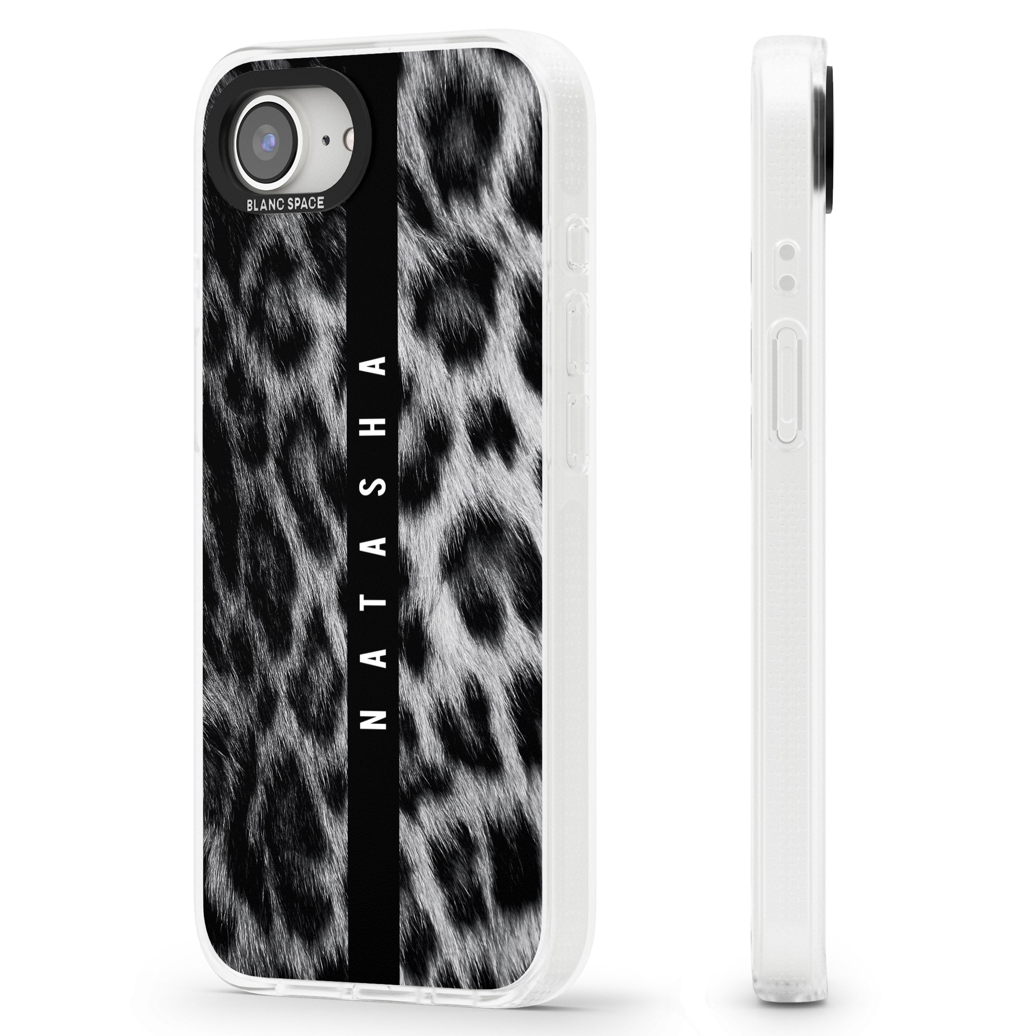 Personalised Snow Leopard Print iPhone 16e Clear Case Impact Air - Blanc Space