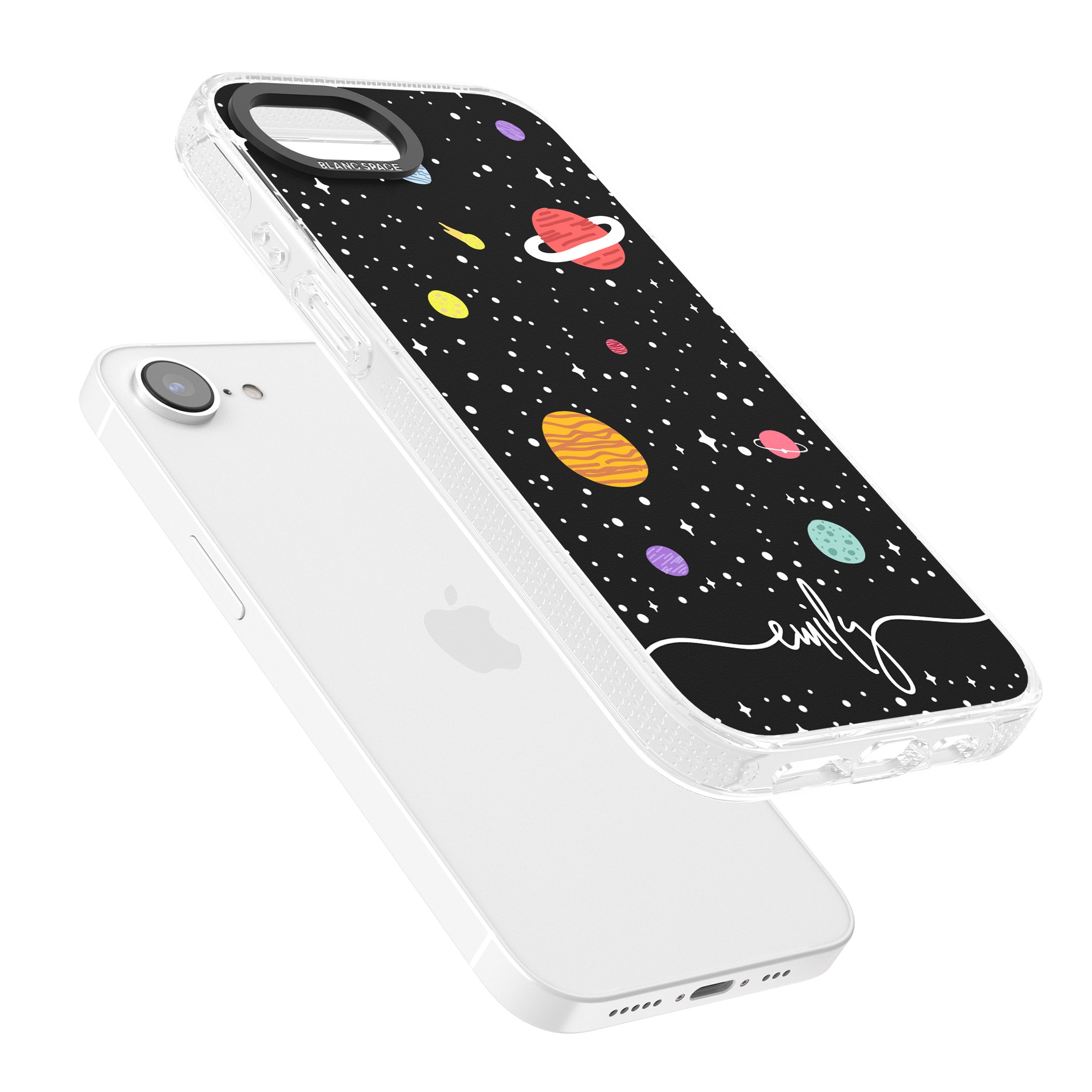 Personalised Cute Cartoon Planets iPhone 16e Clear Case Impact Air - Blanc Space
