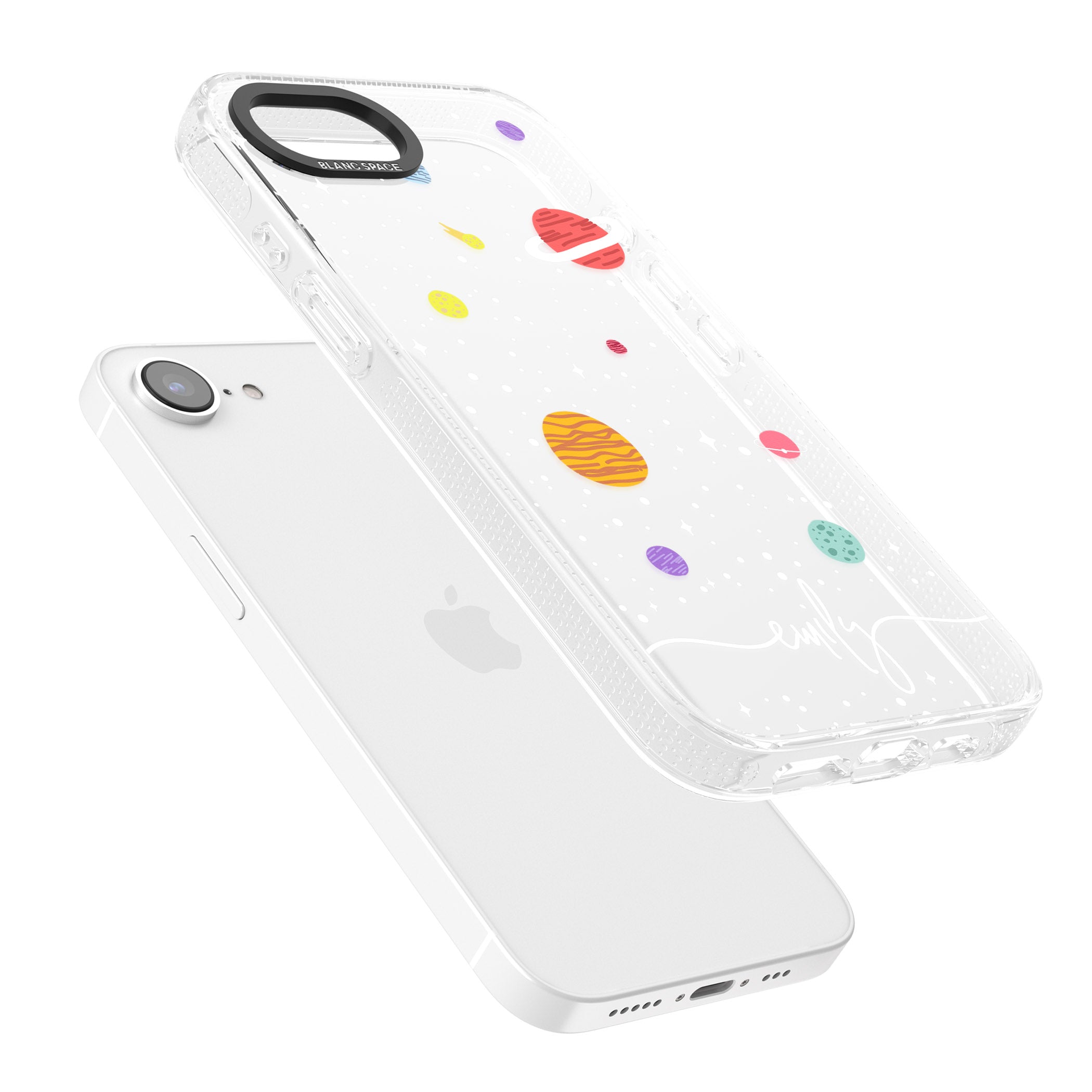 Personalised Cute Cartoon Planets (Clear) iPhone 16e Clear Case Impact Air - Blanc Space