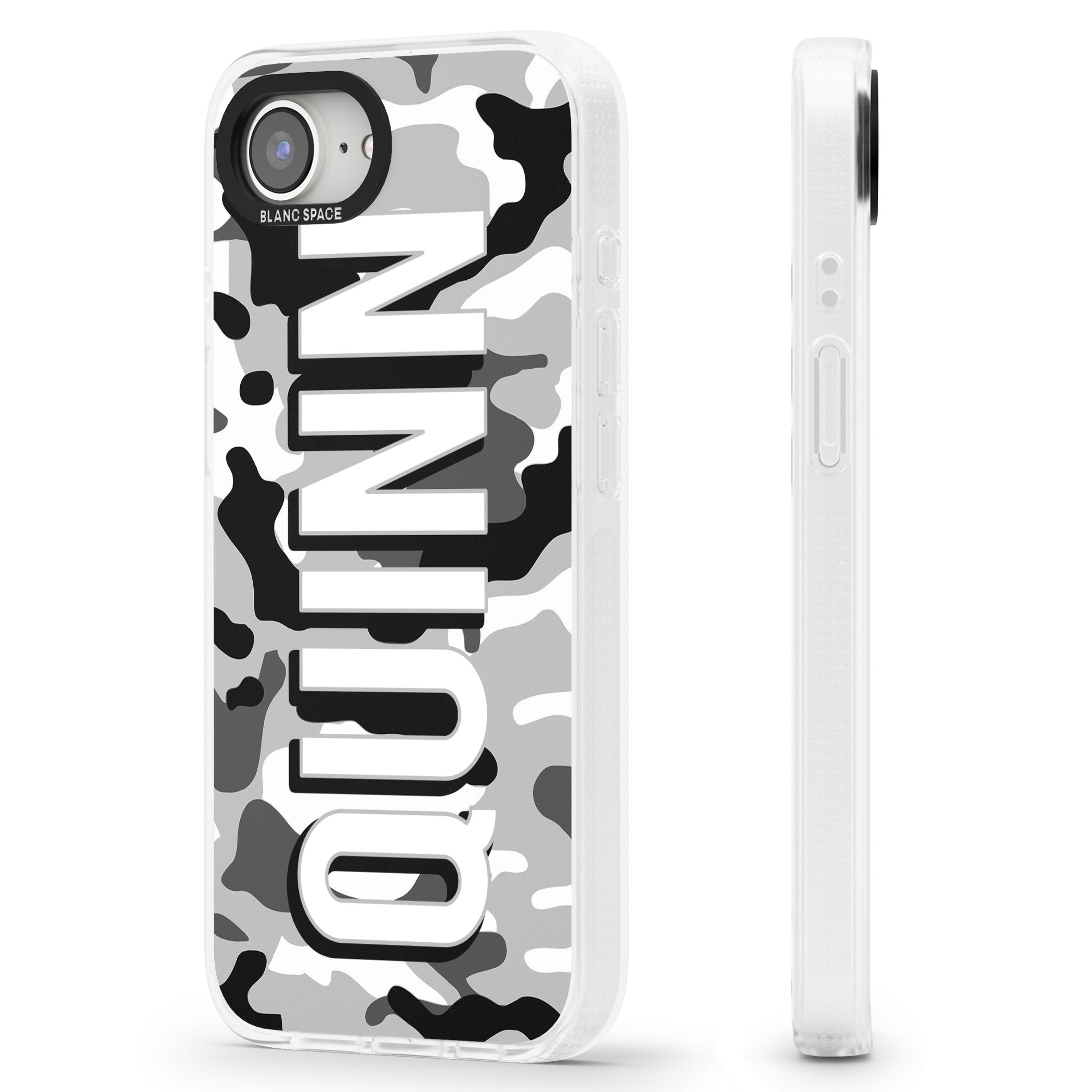 Personalised Greyscale Camo iPhone 16e Clear Case Impact Air - Blanc Space