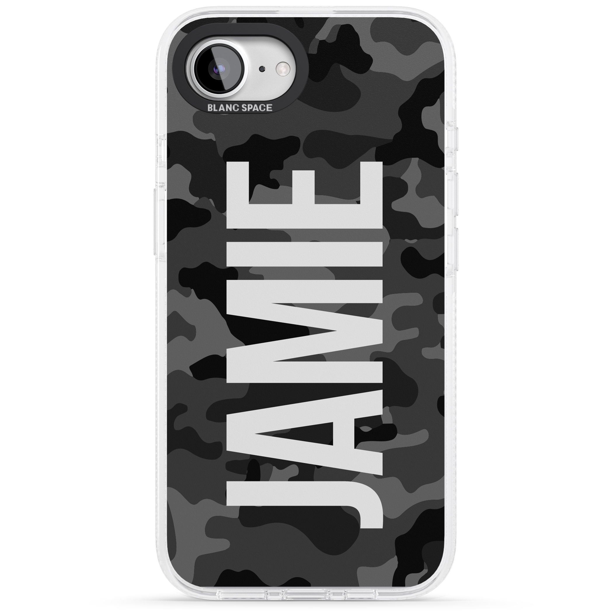 Personalised Vertical Name Black Camouflage iPhone 16e Clear Case Impact Air - Blanc Space