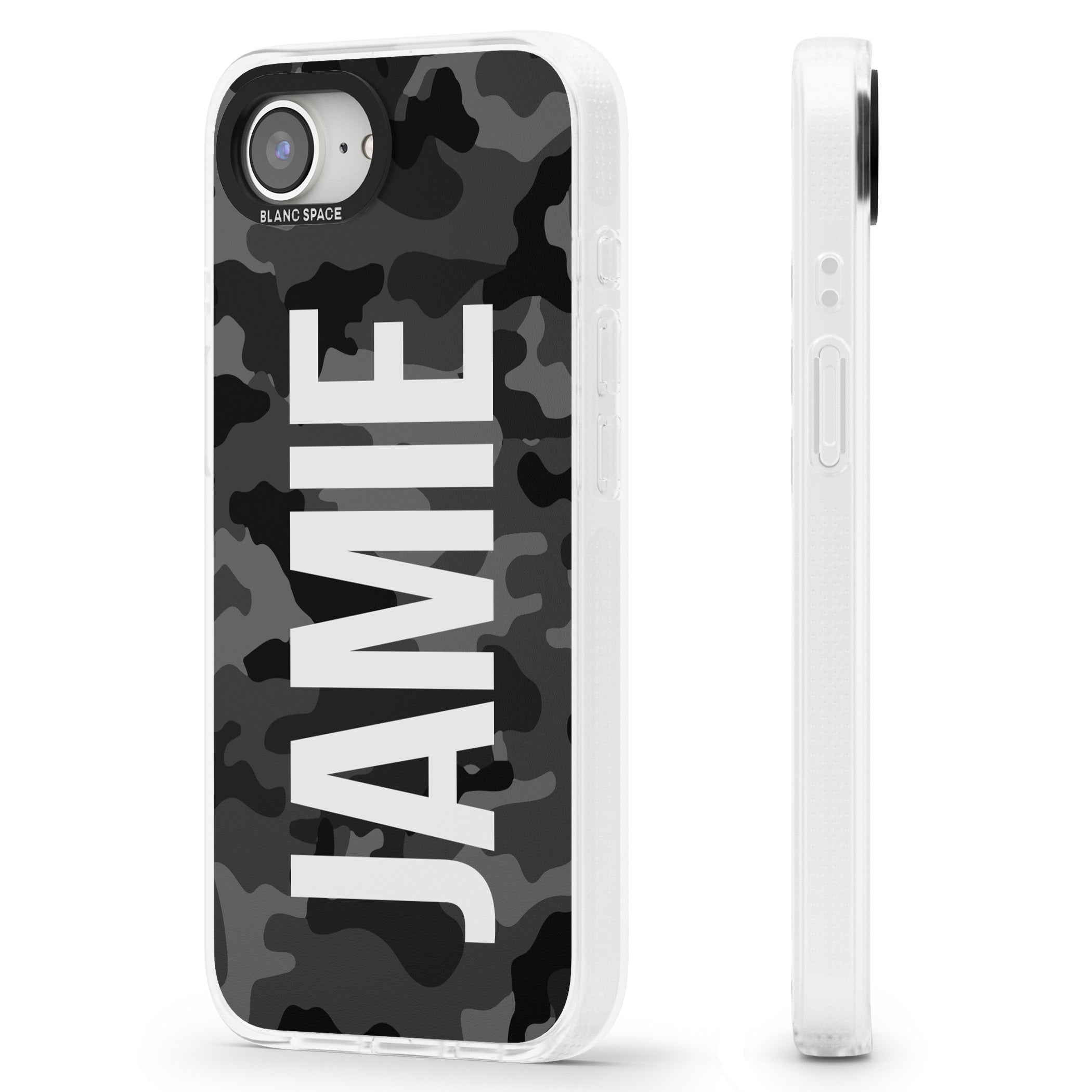 Personalised Vertical Name Black Camouflage iPhone 16e Clear Case Impact Air - Blanc Space