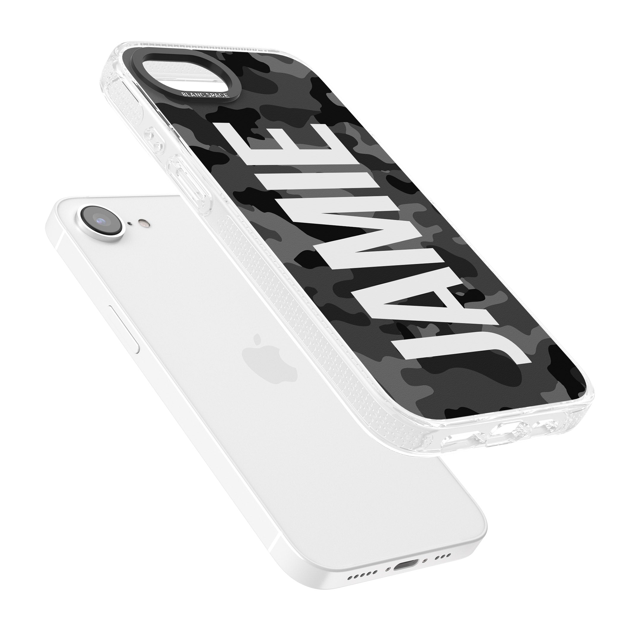 Personalised Vertical Name Black Camouflage iPhone 16e Clear Case Impact Air - Blanc Space