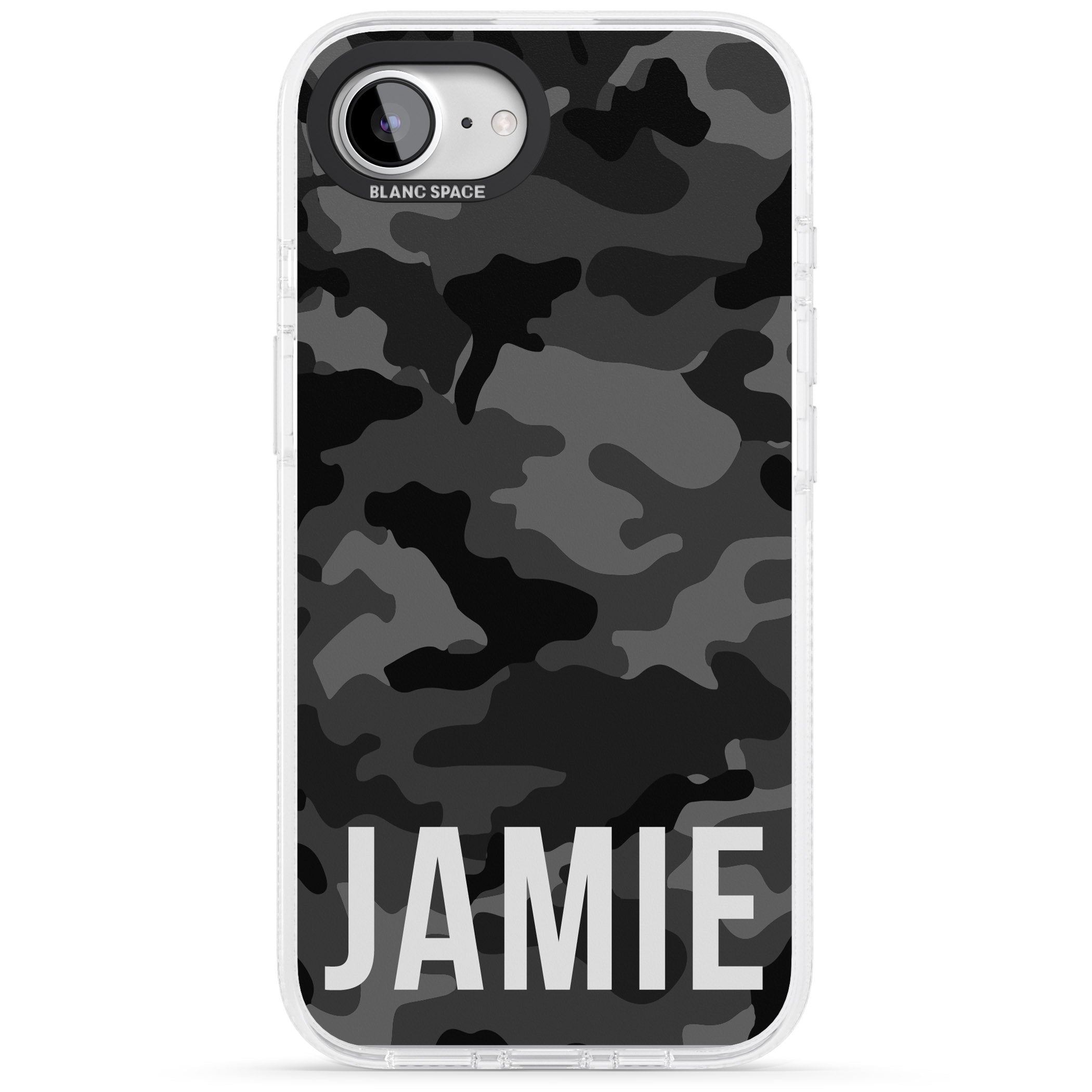 Personalised Horizontal Name Black Camouflage iPhone 16e Clear Case Impact Air - Blanc Space