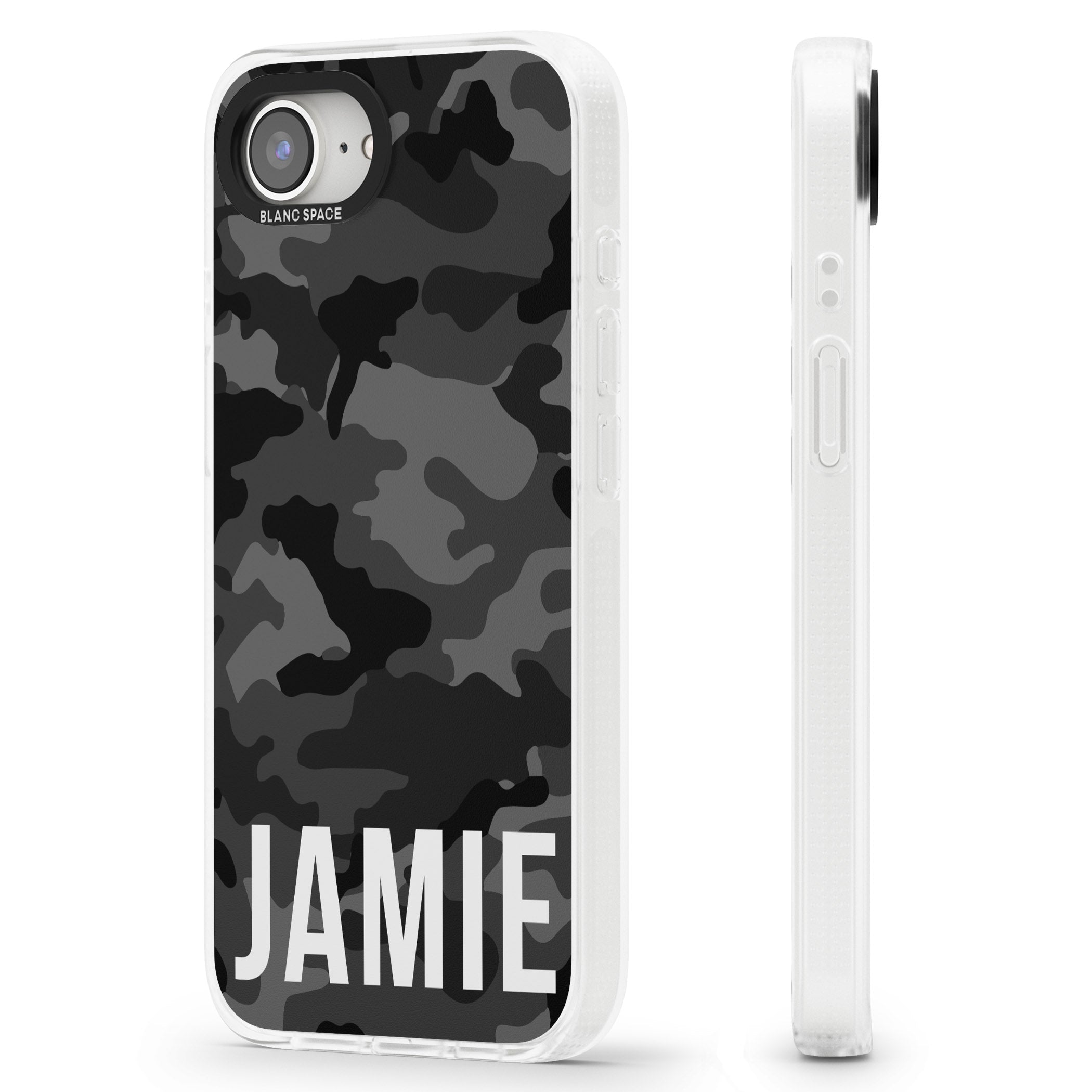 Personalised Horizontal Name Black Camouflage iPhone 16e Clear Case Impact Air - Blanc Space