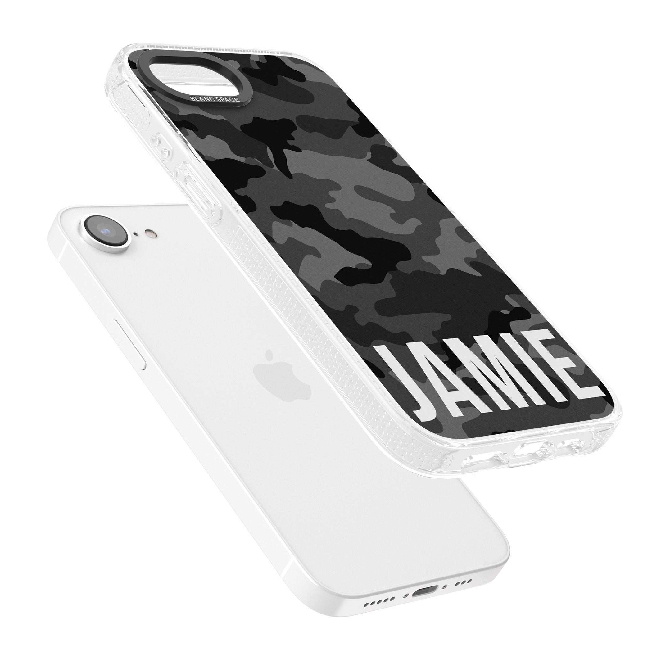 Personalised Horizontal Name Black Camouflage iPhone 16e Clear Case Impact Air - Blanc Space