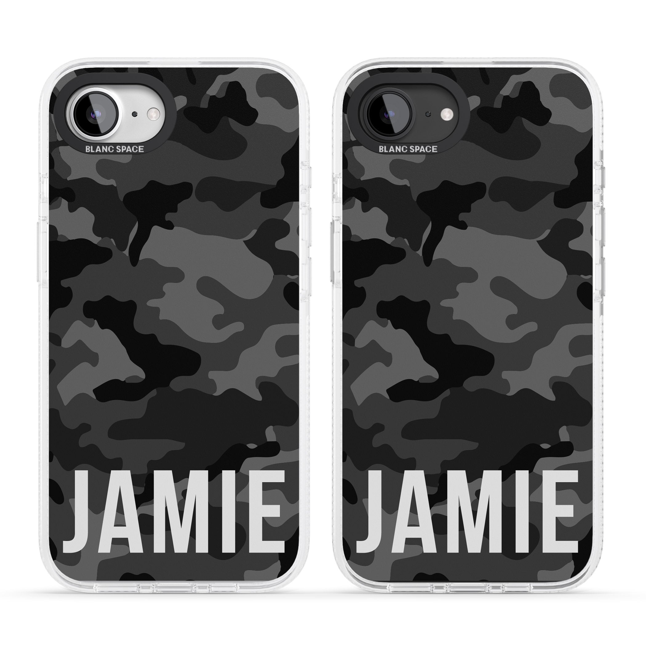 Personalised Horizontal Name Black Camouflage iPhone 16e Clear Case Impact Air - Blanc Space