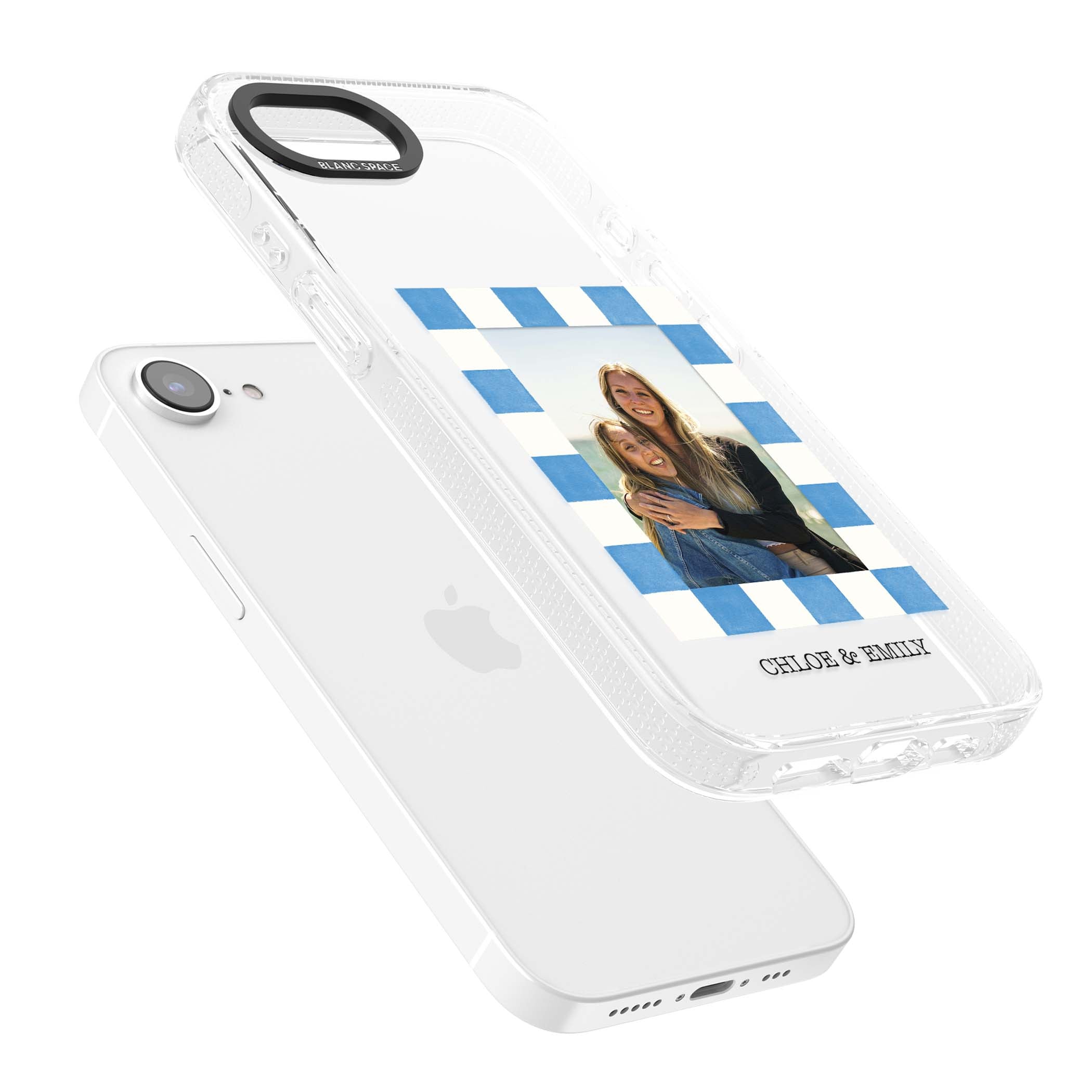 Blue Check Photo personalised photo iPhone case with blue checkered frame and custom couple names | Clear Case Impact Air case for iPhone 16e, iPhone 17e
