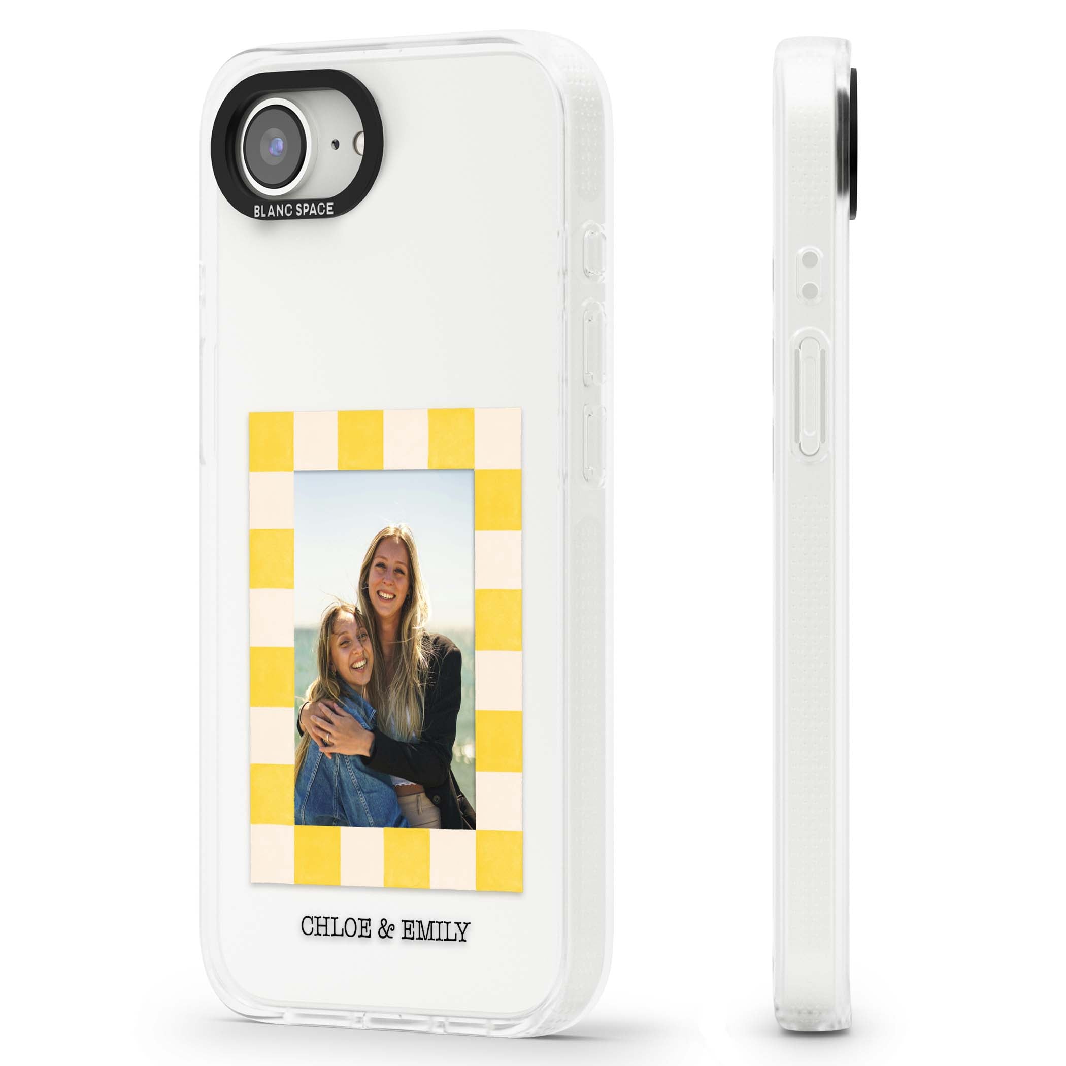 Yellow Check Photo personalised iPhone case with yellow checkered Polaroid frame and custom names beneath | Clear Case Impact Air case for iPhone 16e, iPhone 17e