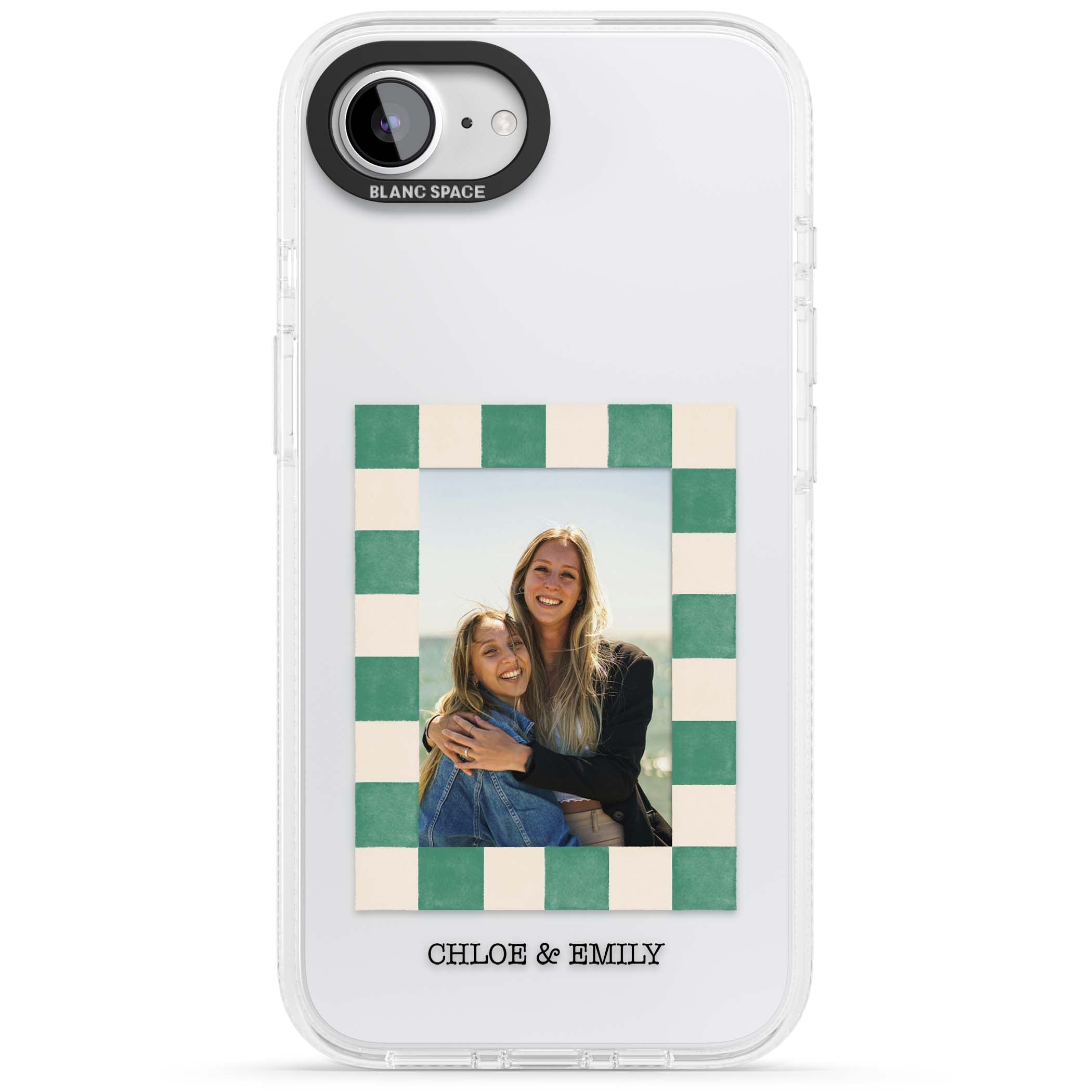 Seafoam Check Photo personalised iPhone case featuring a custom polaroid photo, green and cream checkered frame, and custom n | Clear Case Impact Air case for iPhone 16e, iPhone 17e