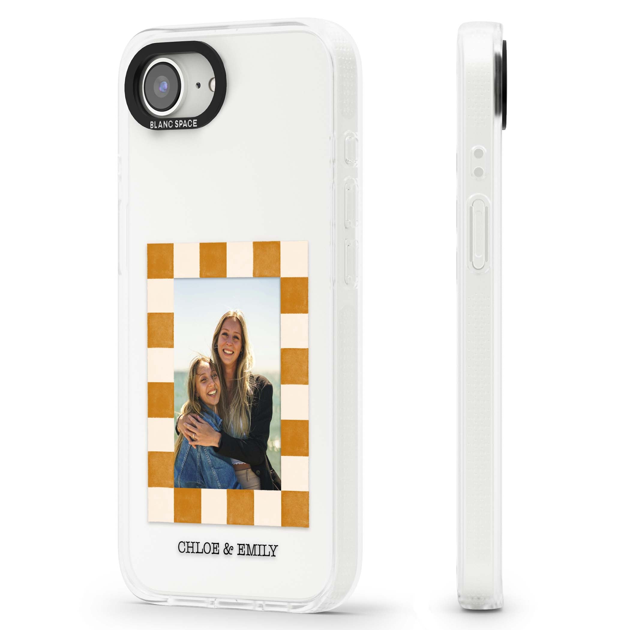 Citrus Check Photo personalised iPhone case with custom photo, orange checkered frame and names underneath | Clear Case Impact Air case for iPhone 16e, iPhone 17e