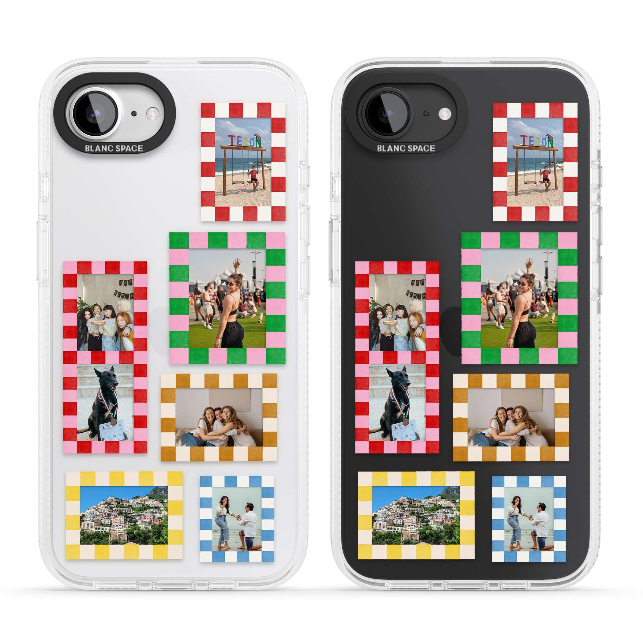 Italian Check Frames custom photo collage iPhone case featuring six checkered photo frames in red, green, pink and | Clear Case Impact Air case for iPhone 16e, iPhone 17e