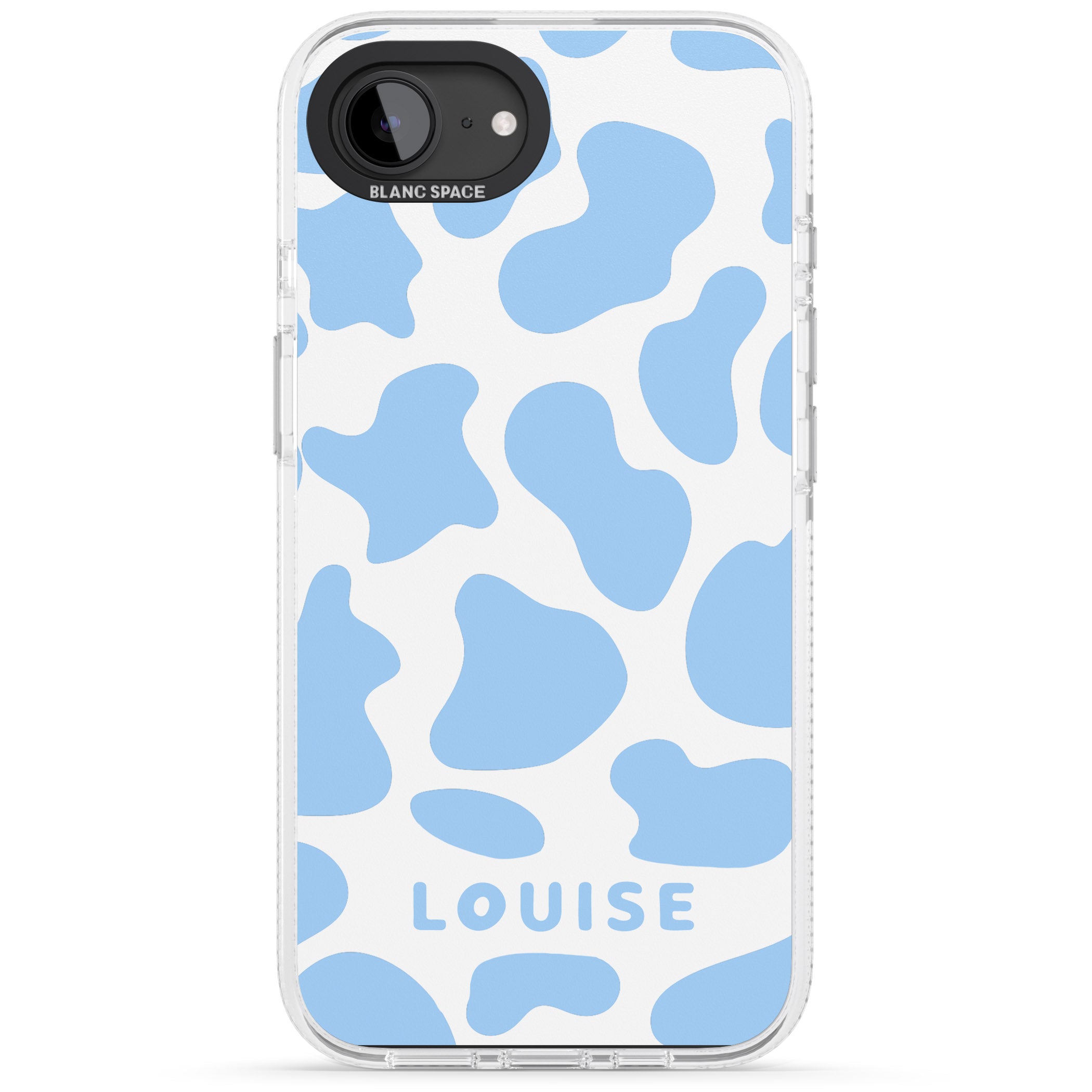Personalised Blue and White Cow Print iPhone 16e Clear Case Impact Air - Blanc Space