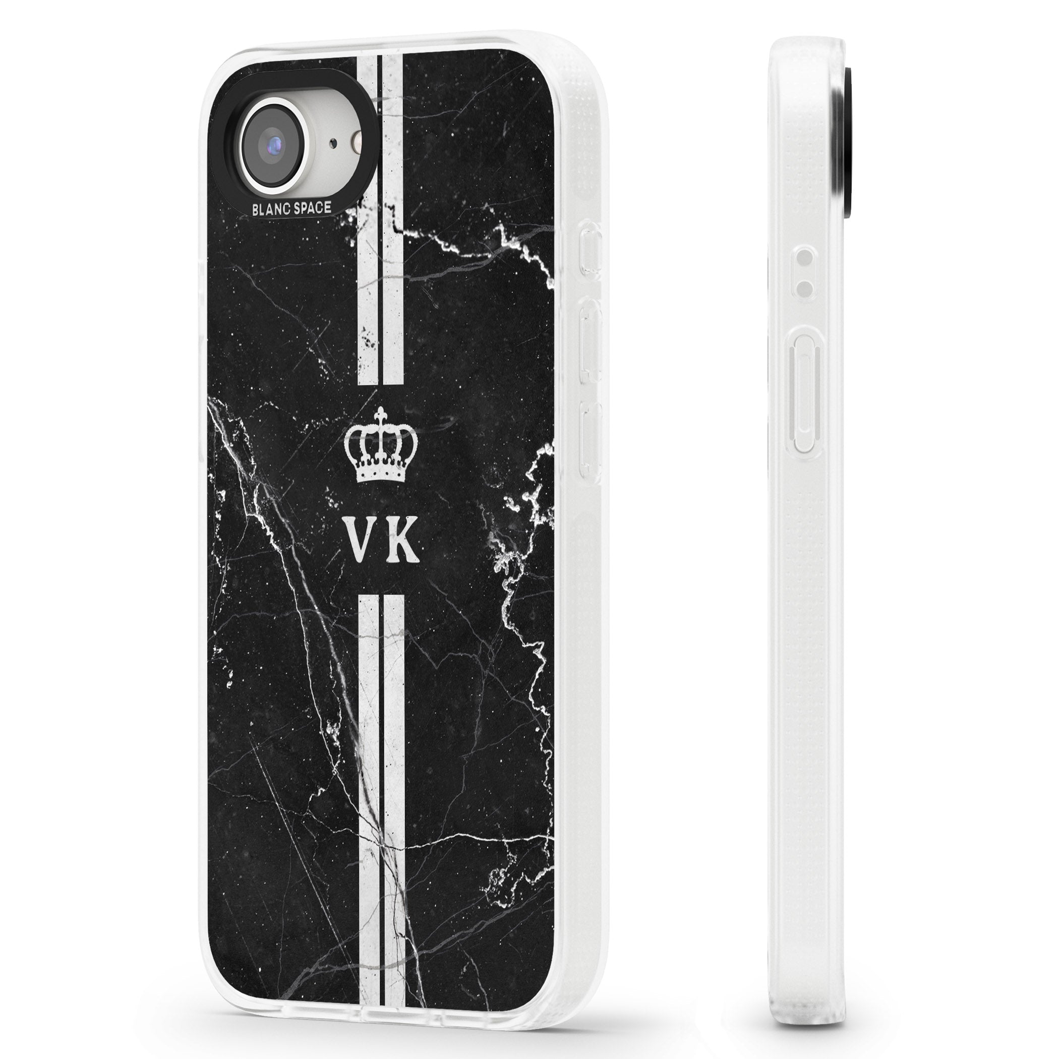 Personalised Stripes + Initials with Crown on Black Marble iPhone 16e Clear Case Impact Air - Blanc Space