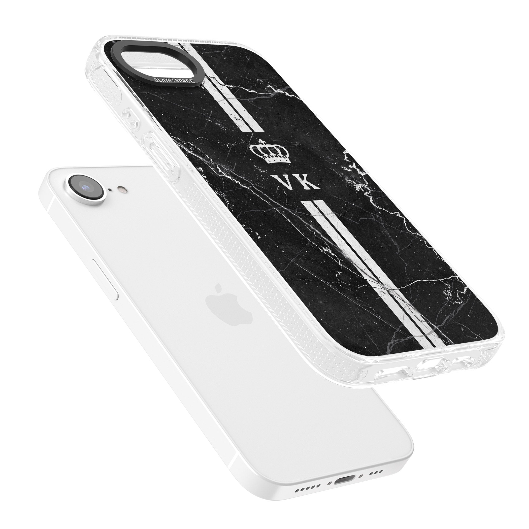 Personalised Stripes + Initials with Crown on Black Marble iPhone 16e Clear Case Impact Air - Blanc Space