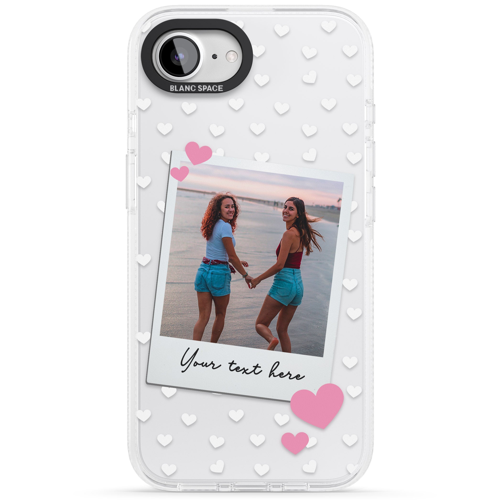 Personalised Instant Film & Hearts Photo iPhone 16e Clear Case Impact Air - Blanc Space