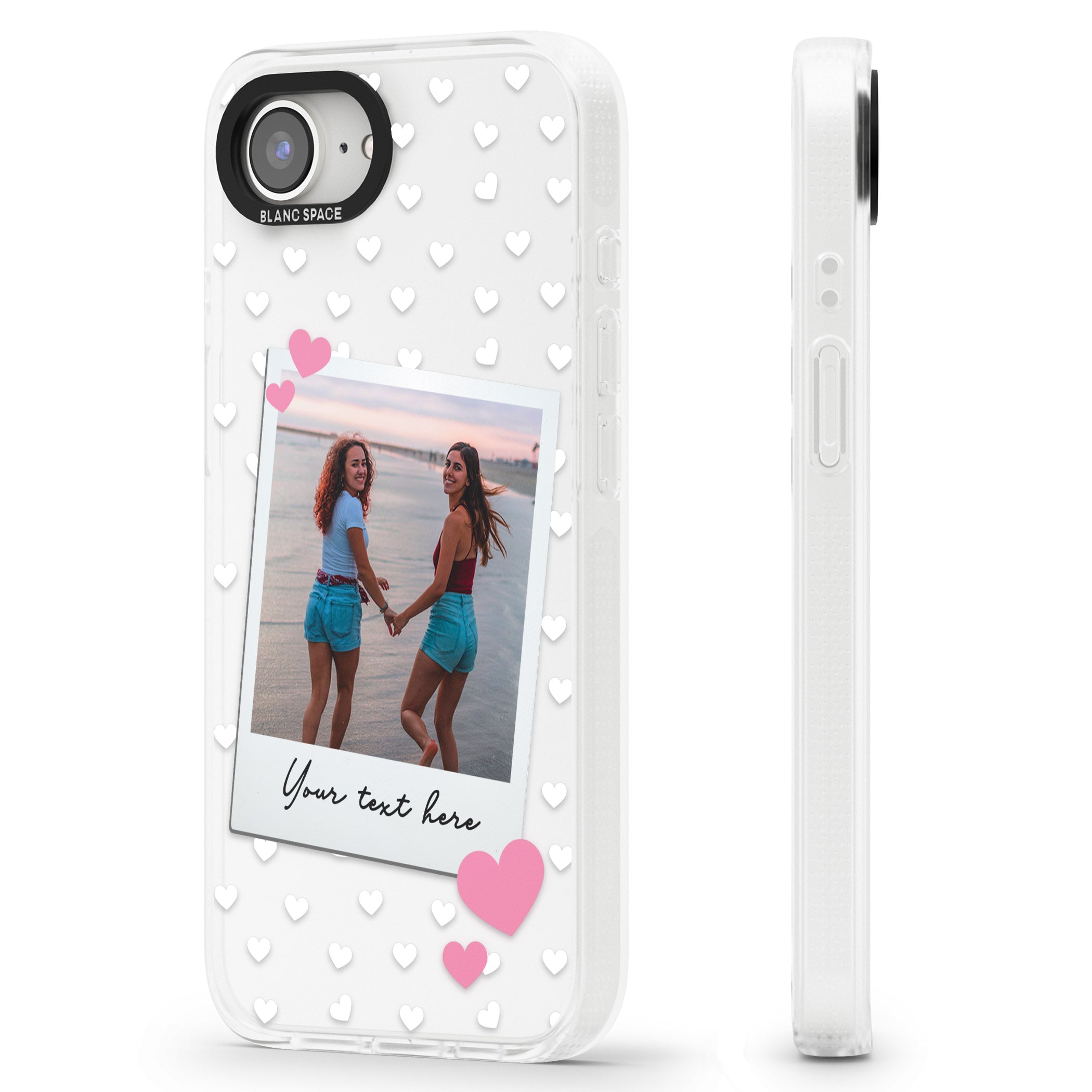 Personalised Instant Film & Hearts Photo iPhone 16e Clear Case Impact Air - Blanc Space