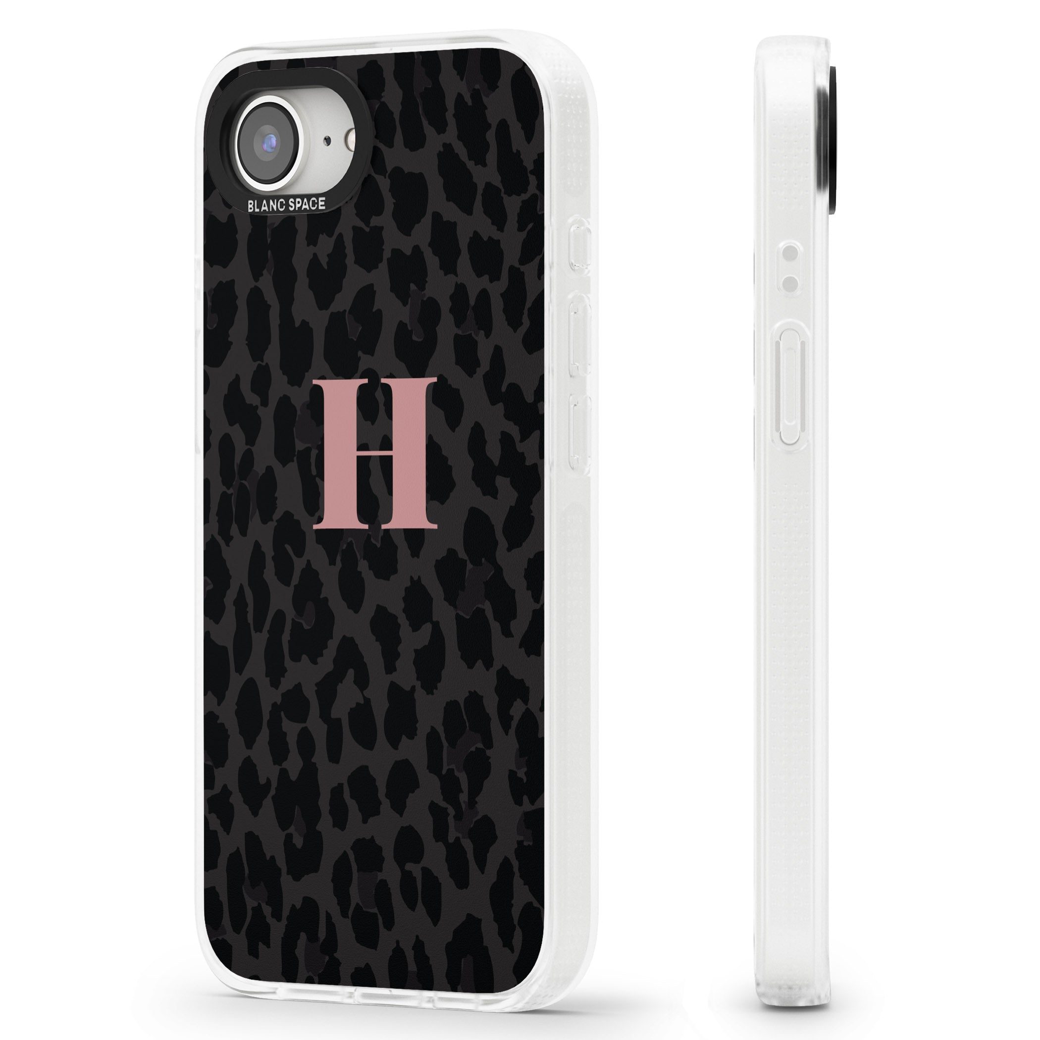 Personalised Small Pink Leopard Monogram iPhone 16e Clear Case Impact Air - Blanc Space