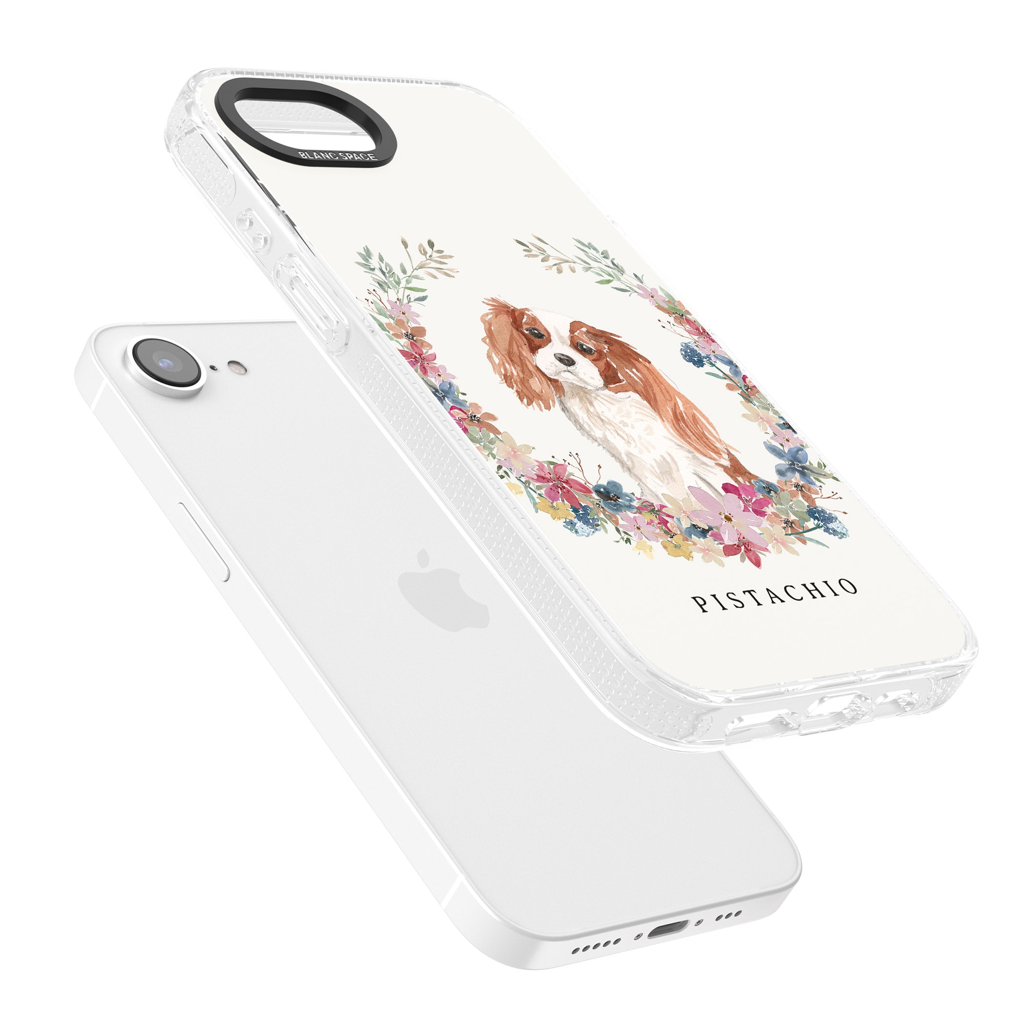Personalised Cavalier King Charles Portrait Spaniel iPhone 16e Clear Case Impact Air - Blanc Space