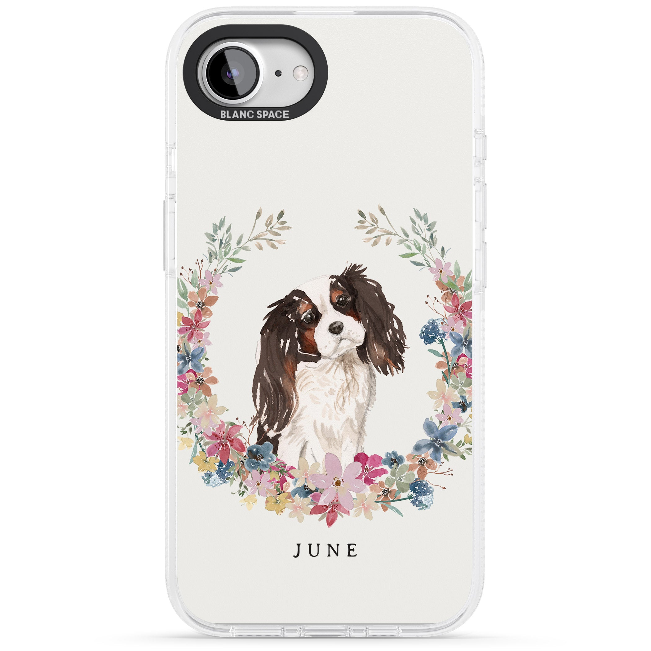 Personalised Tri Coloured King Charles Watercolour Dog Portrait iPhone 16e Clear Case Impact Air - Blanc Space