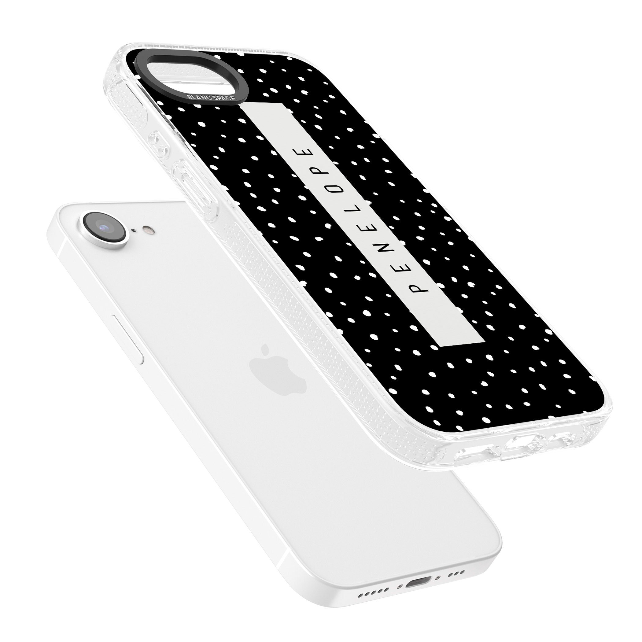 Personalised Black Dots iPhone 16e Clear Case Impact Air - Blanc Space