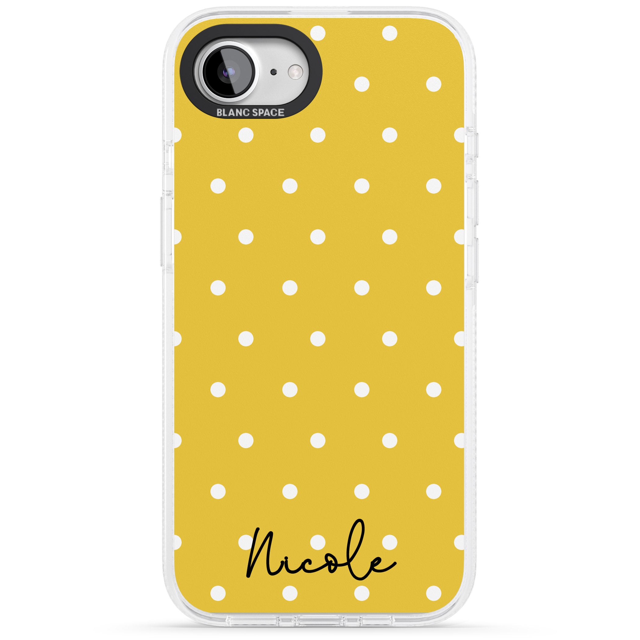 Personalised Yellow Polka Dot iPhone 16e Clear Case Impact Air - Blanc Space