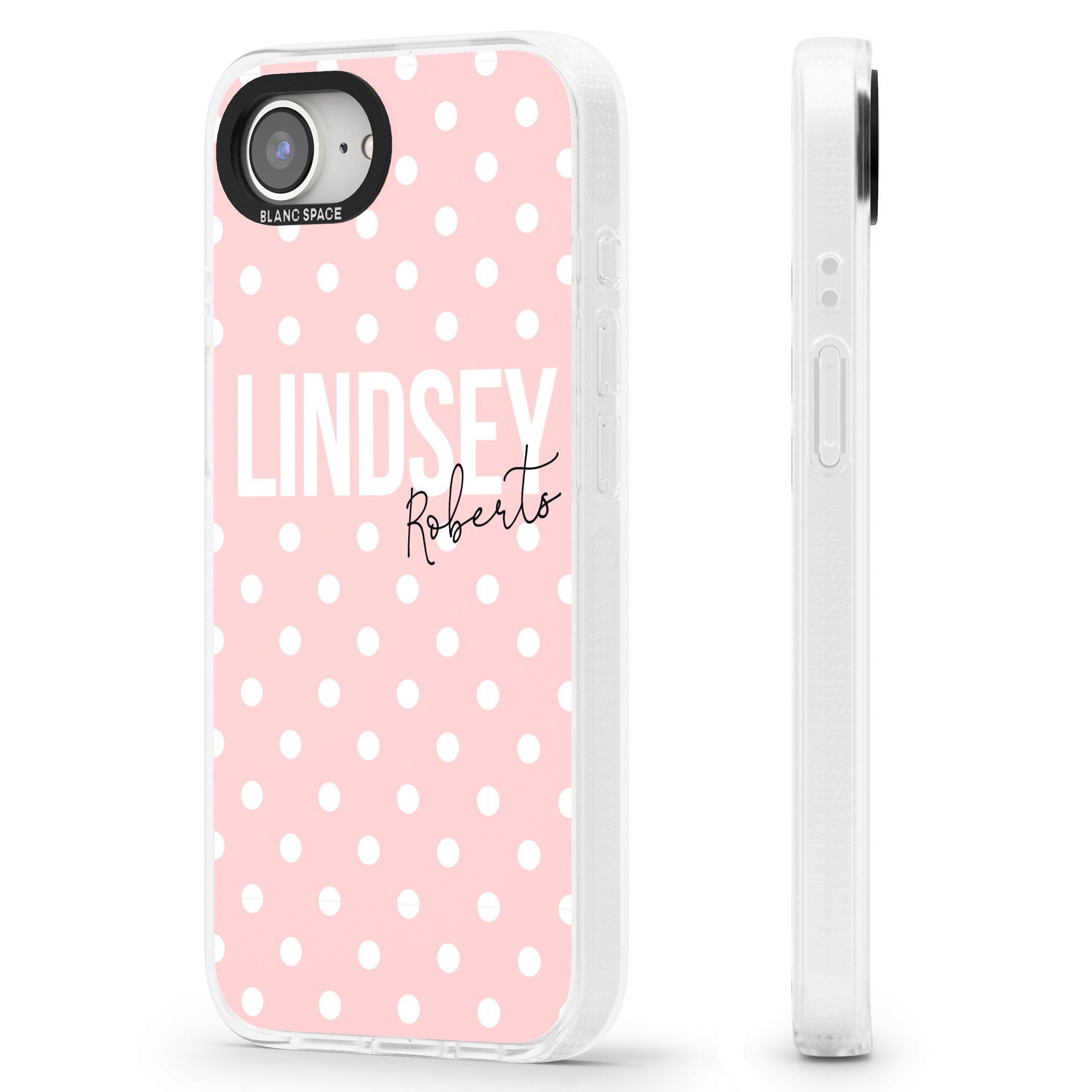 Personalised Pink Polka iPhone 16e Clear Case Impact Air - Blanc Space