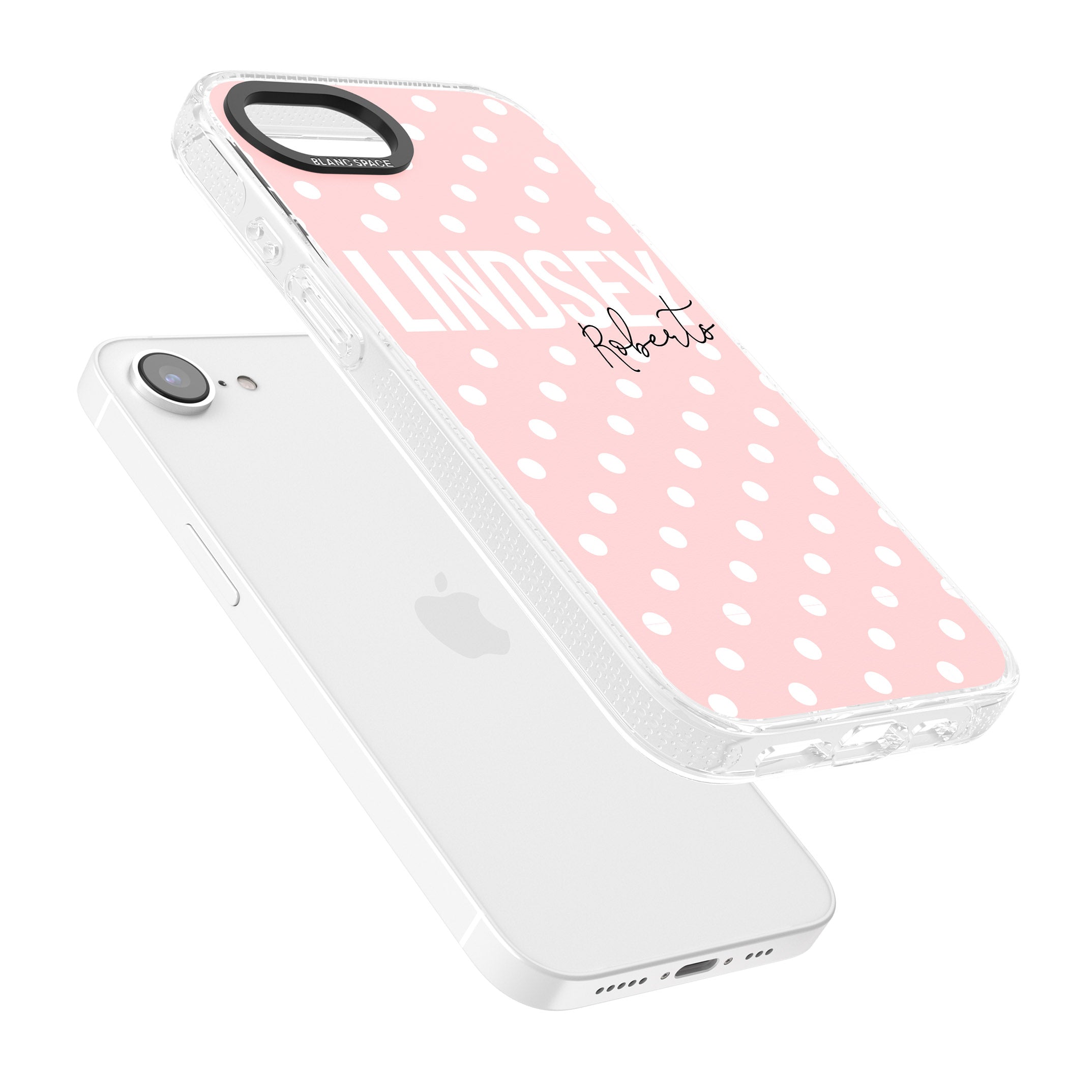 Personalised Pink Polka iPhone 16e Clear Case Impact Air - Blanc Space