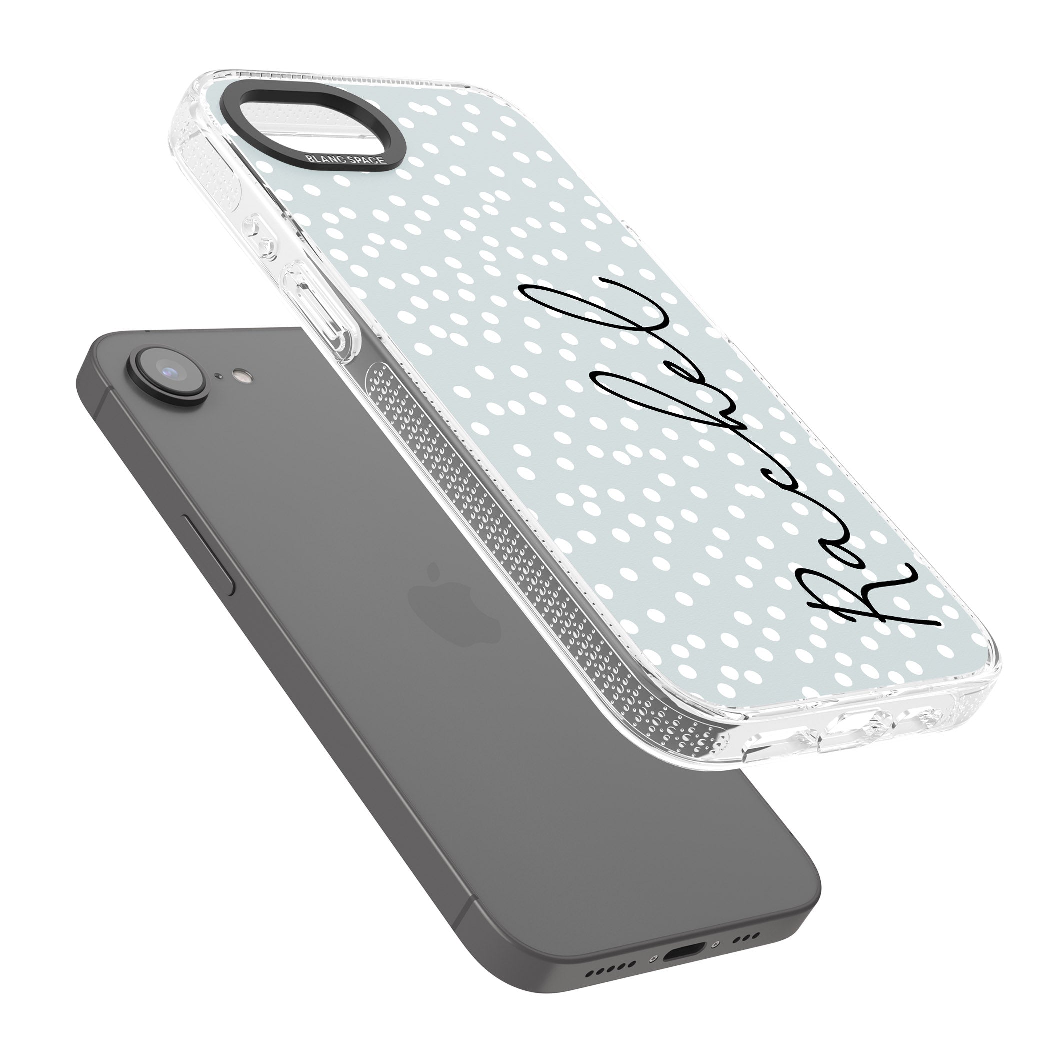 Personalised Vertical Cursive & Dots iPhone 16e Clear Case Impact Air - Blanc Space