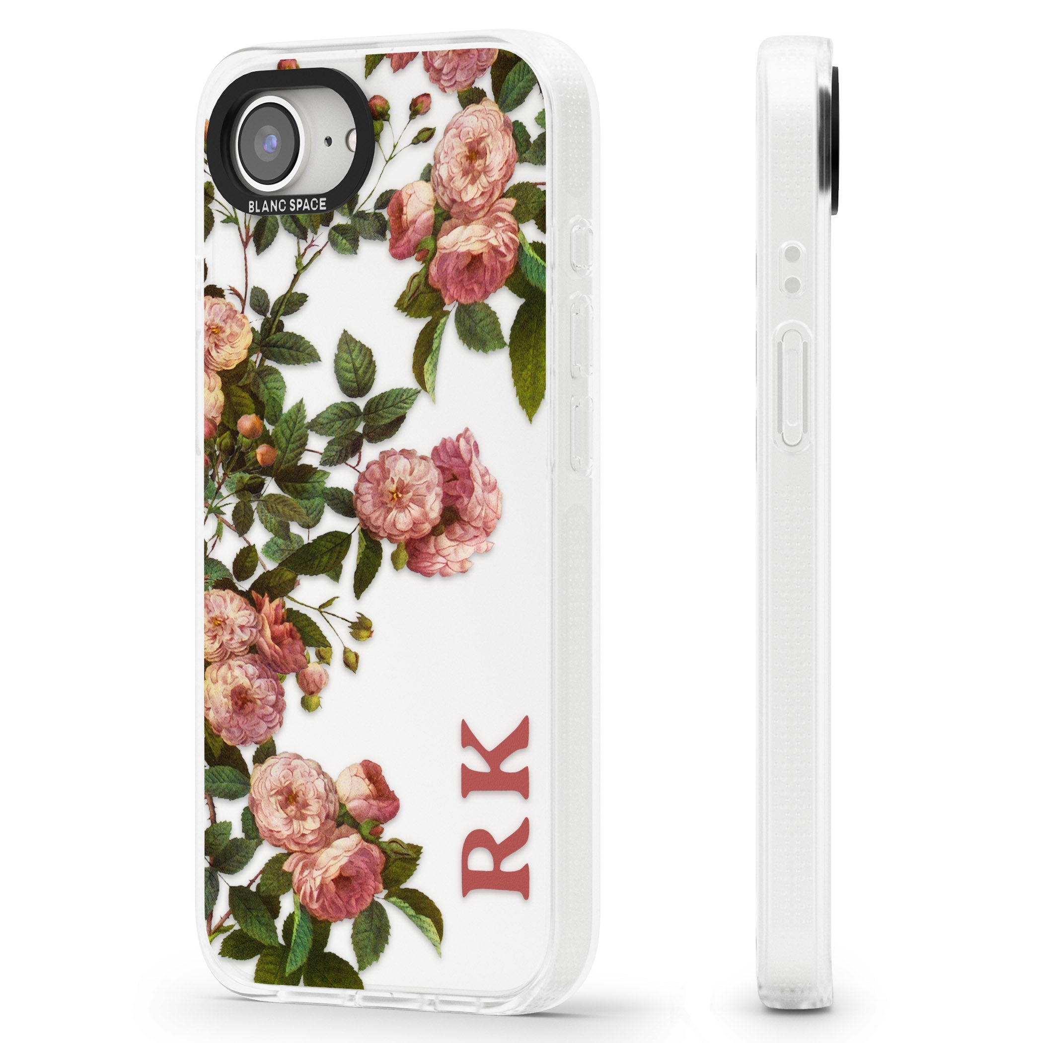 Personalised Clear Vintage Floral Pink Garden Roses iPhone 16e Clear Case Impact Air - Blanc Space