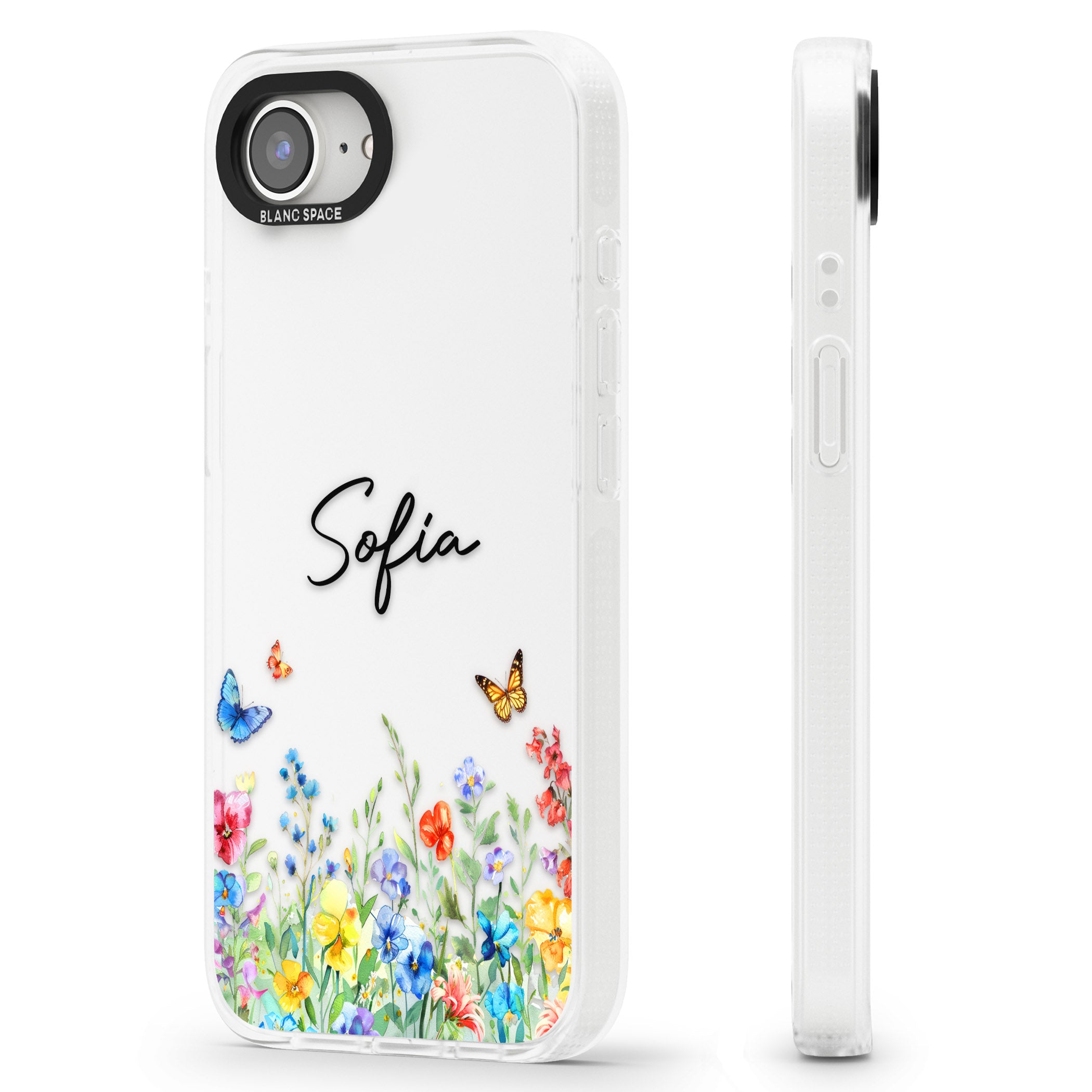Personalised Butterflies & Wildflowers iPhone 16e Clear Case Impact Air - Blanc Space