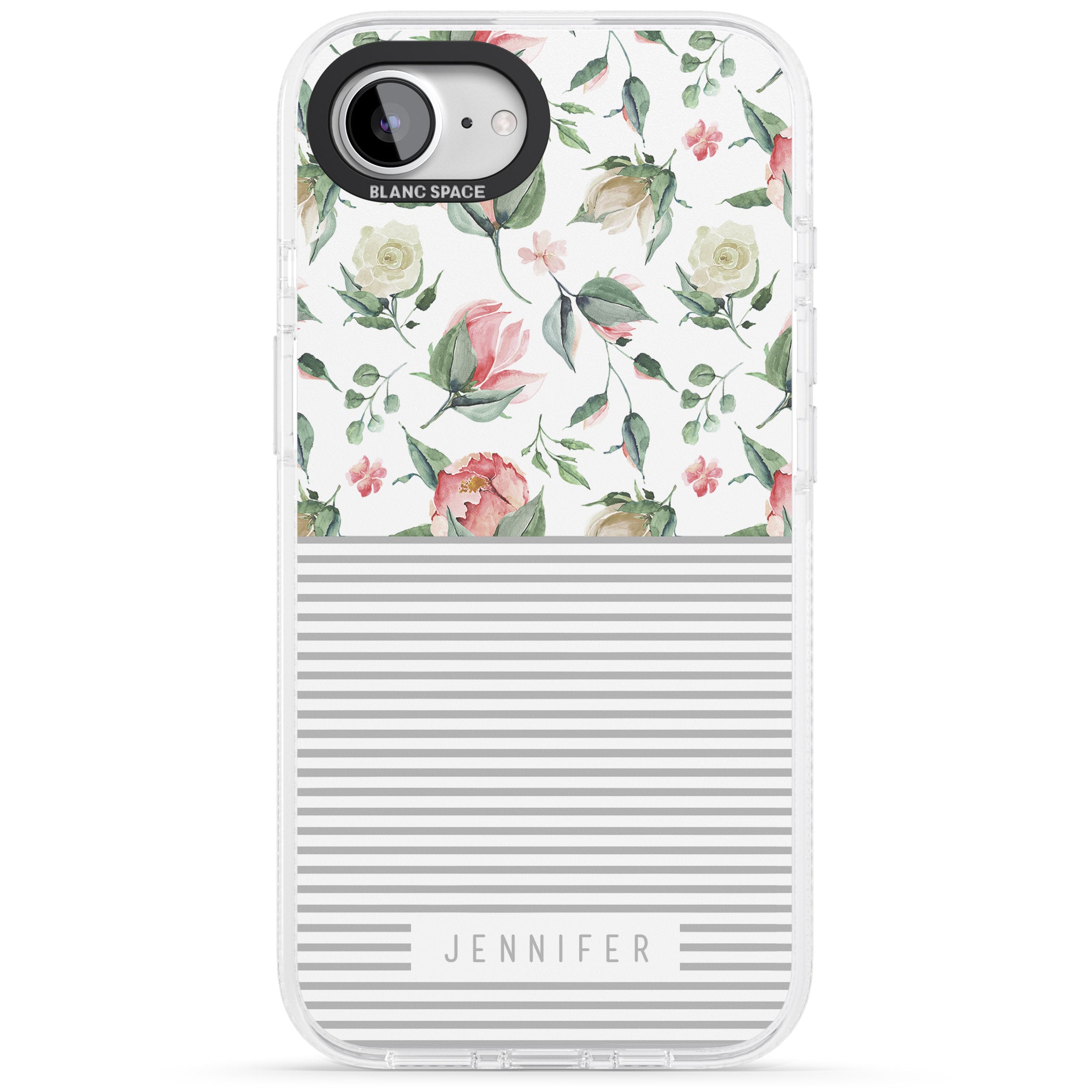 Personalised Light Floral Pattern & Stripes iPhone 16e Clear Case Impact Air - Blanc Space