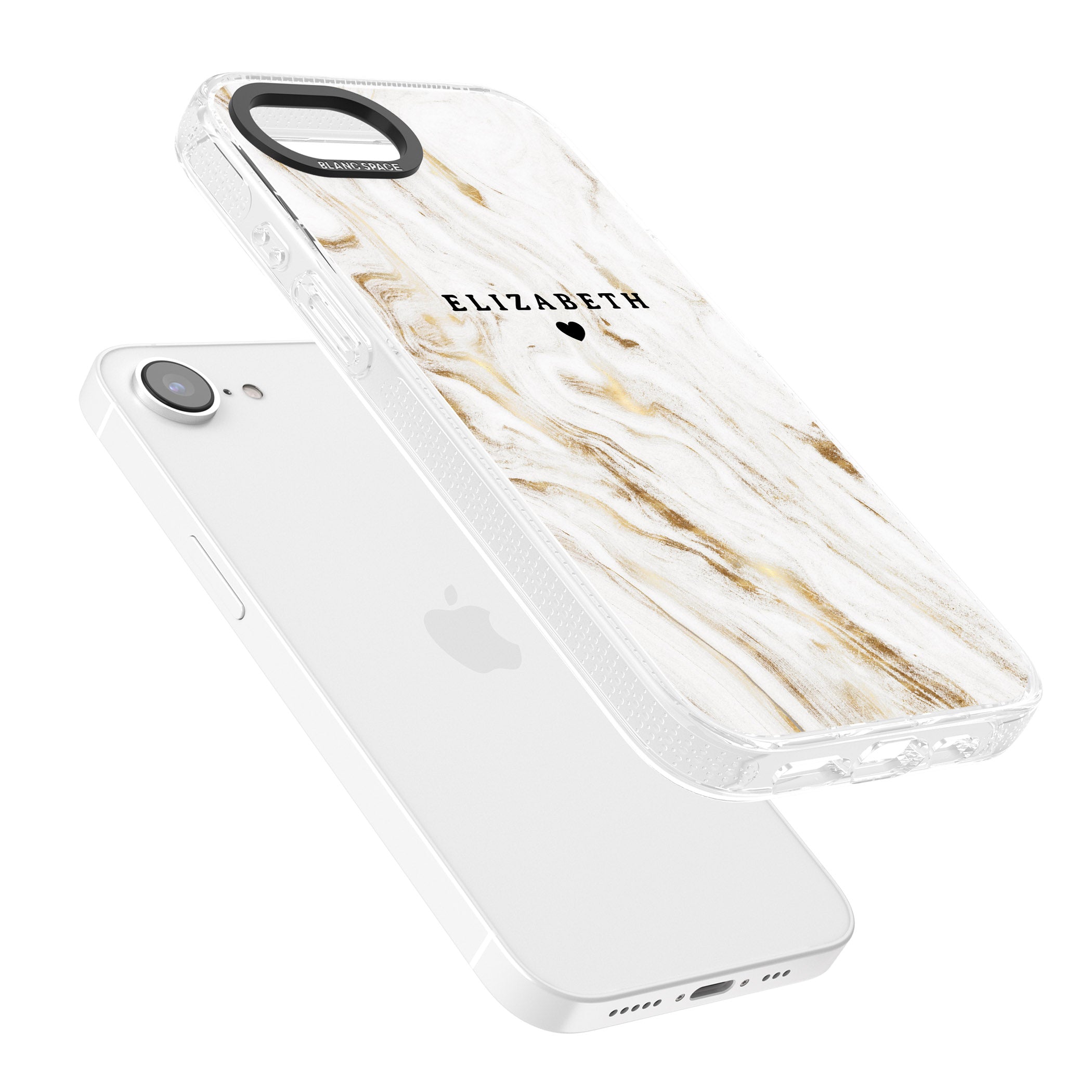 Personalised White & Gold Swirl Marble iPhone 16e Clear Case Impact Air - Blanc Space