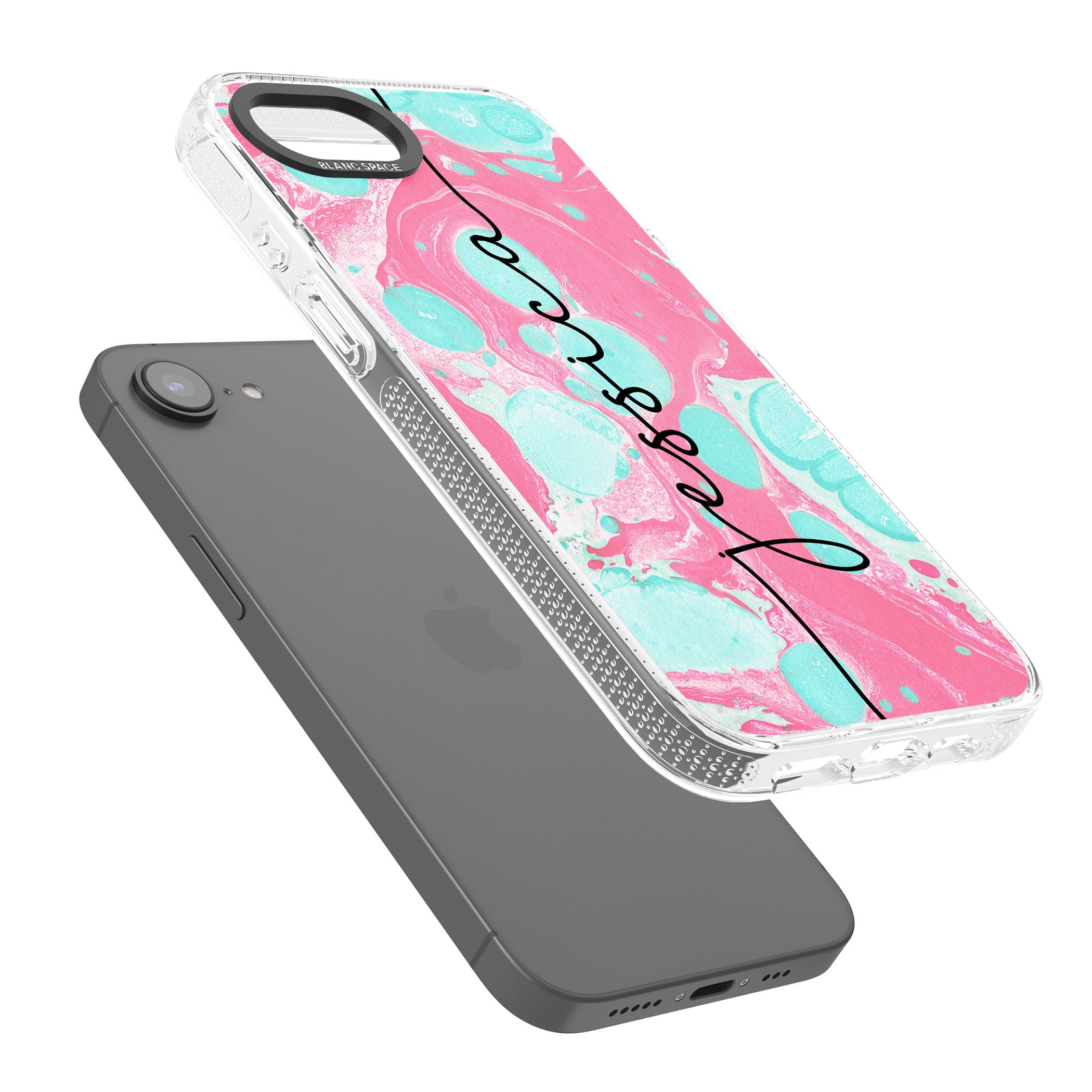 Personalised Turquoise & Pink - Marbled iPhone 16e Clear Case Impact Air - Blanc Space