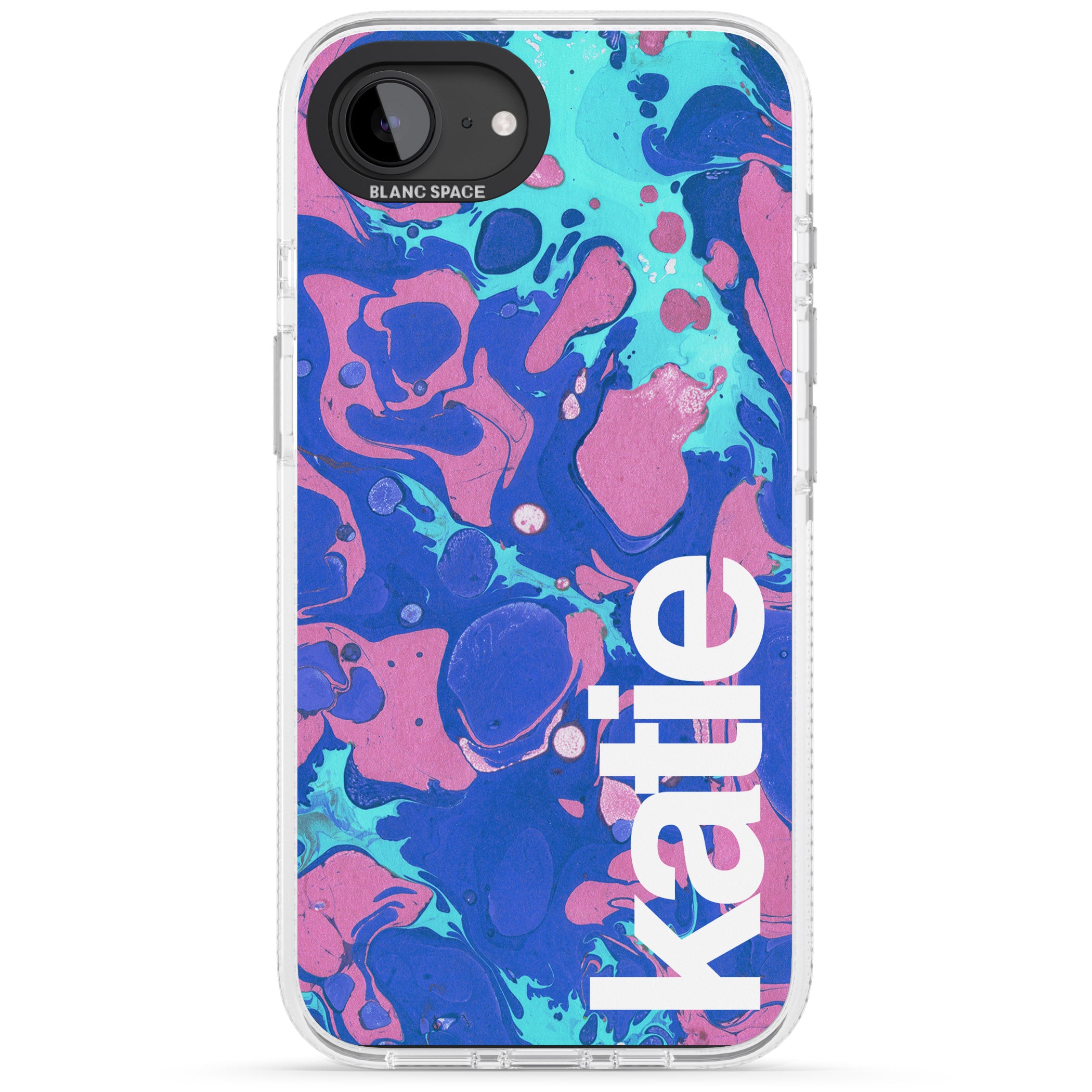 Personalised Navy, Turquoise + Purple - Marbled iPhone 16e Clear Case Impact Air - Blanc Space