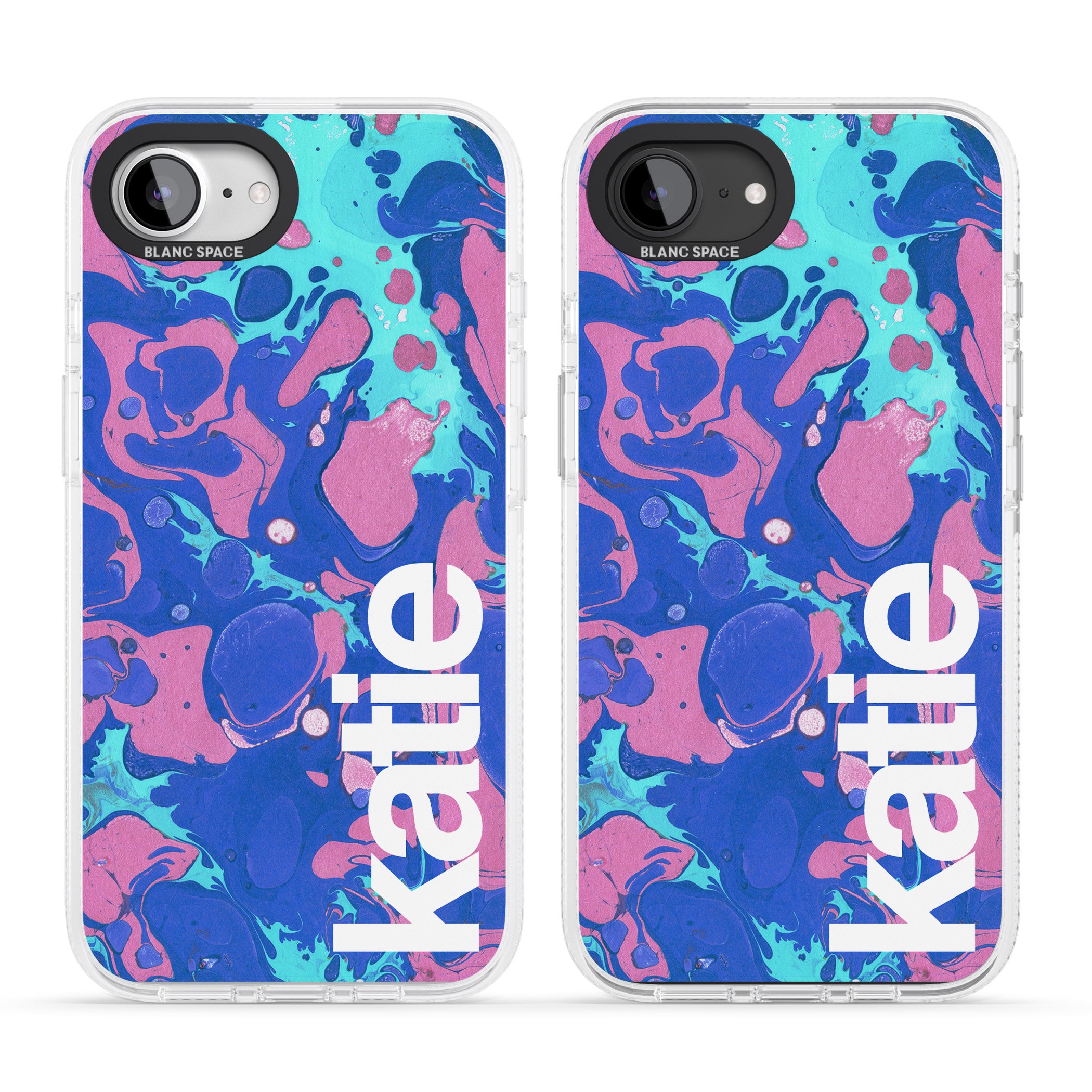 Personalised Navy, Turquoise + Purple - Marbled iPhone 16e Clear Case Impact Air - Blanc Space
