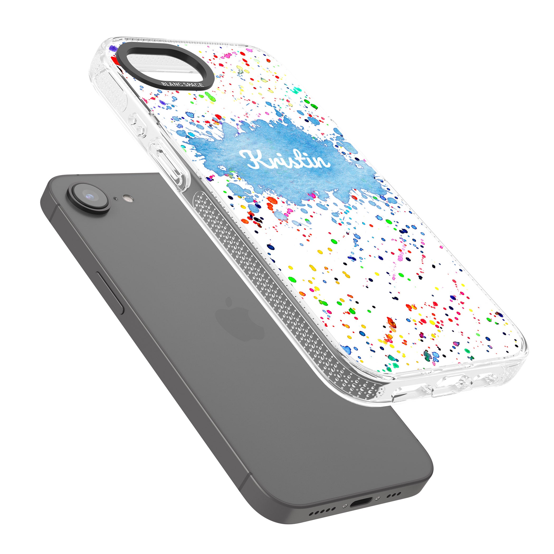 Personalised Rainbow Paint Splatter iPhone 16e Clear Case Impact Air - Blanc Space