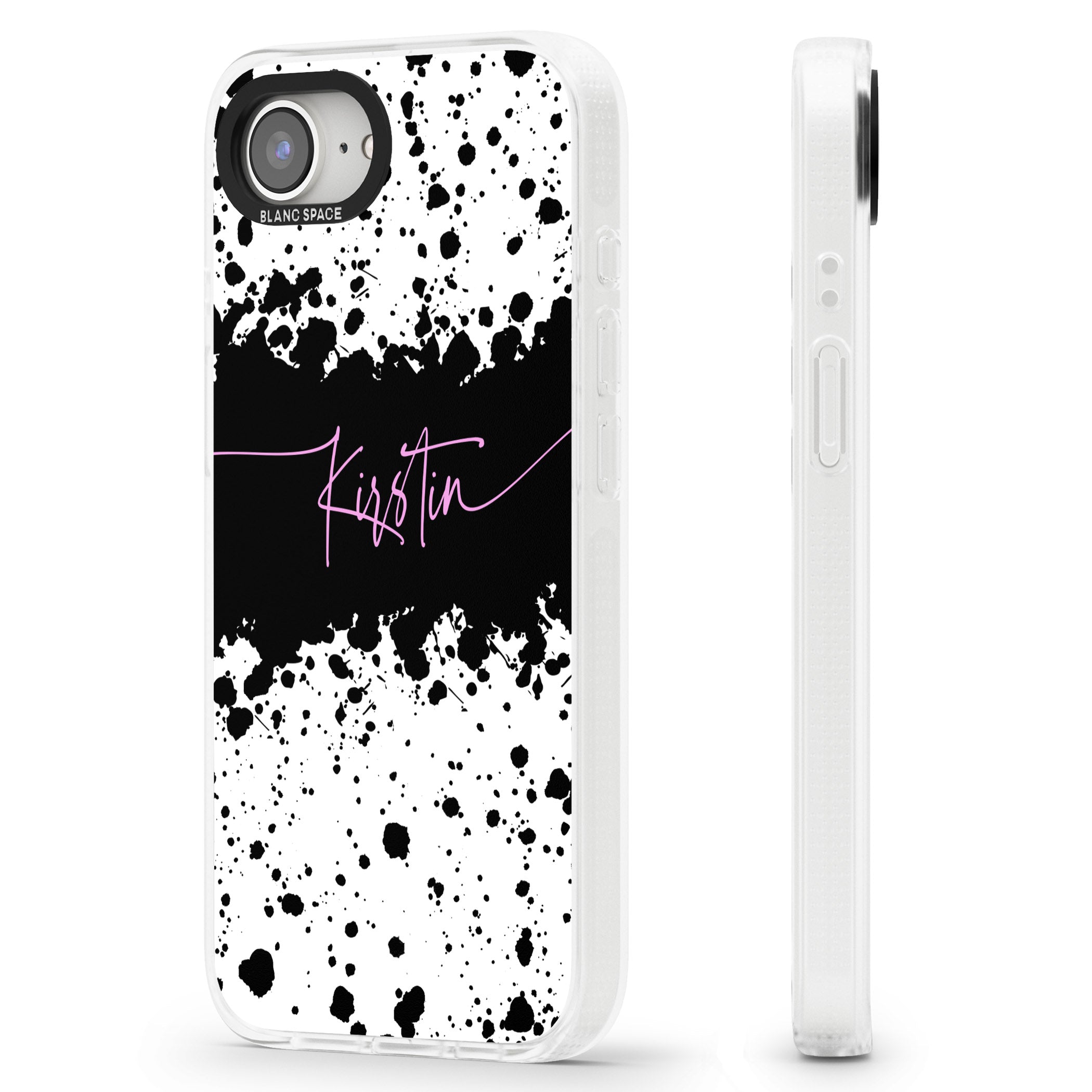 Personalised Black & White Paint Splatters iPhone 16e Clear Case Impact Air - Blanc Space