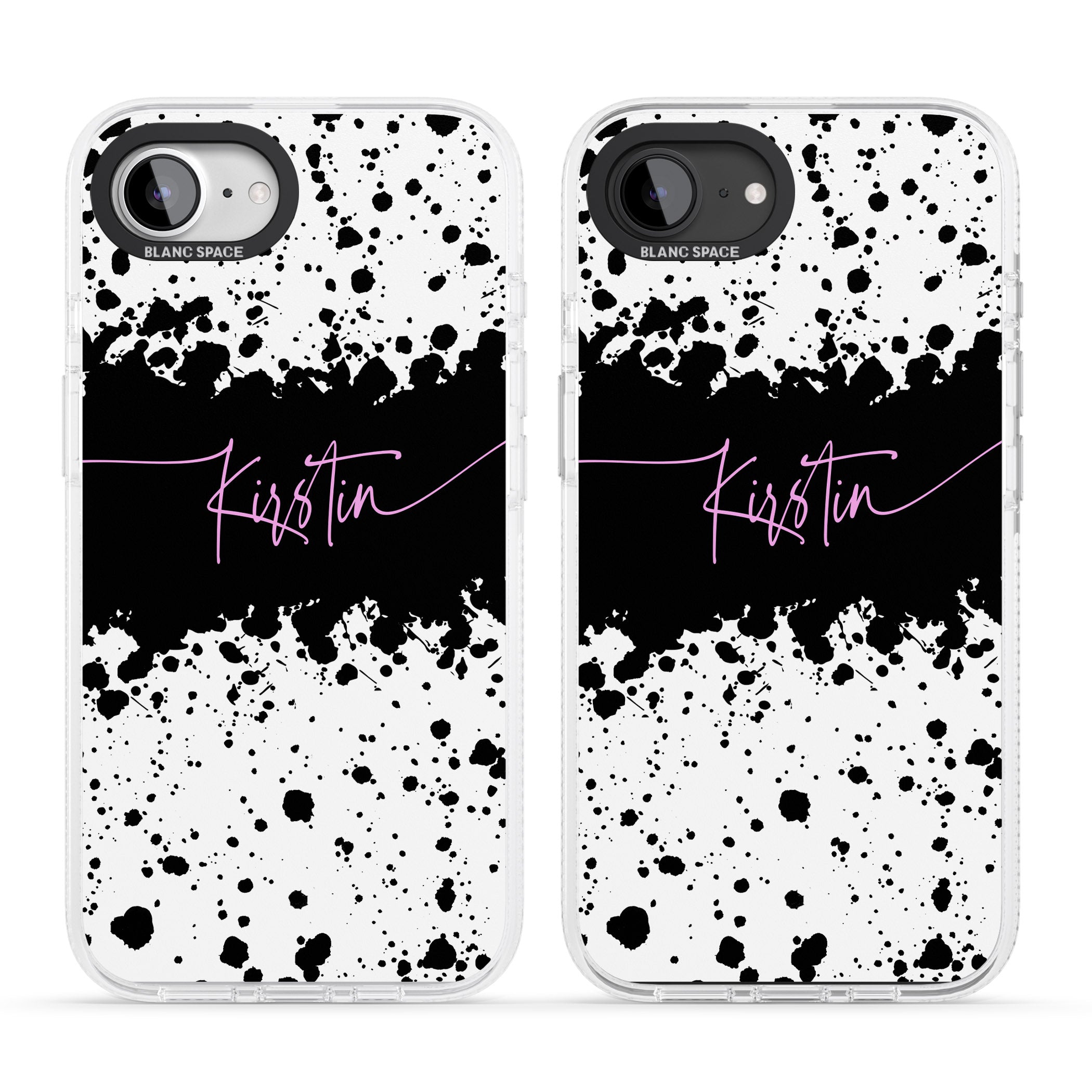 Personalised Black & White Paint Splatters iPhone 16e Clear Case Impact Air - Blanc Space