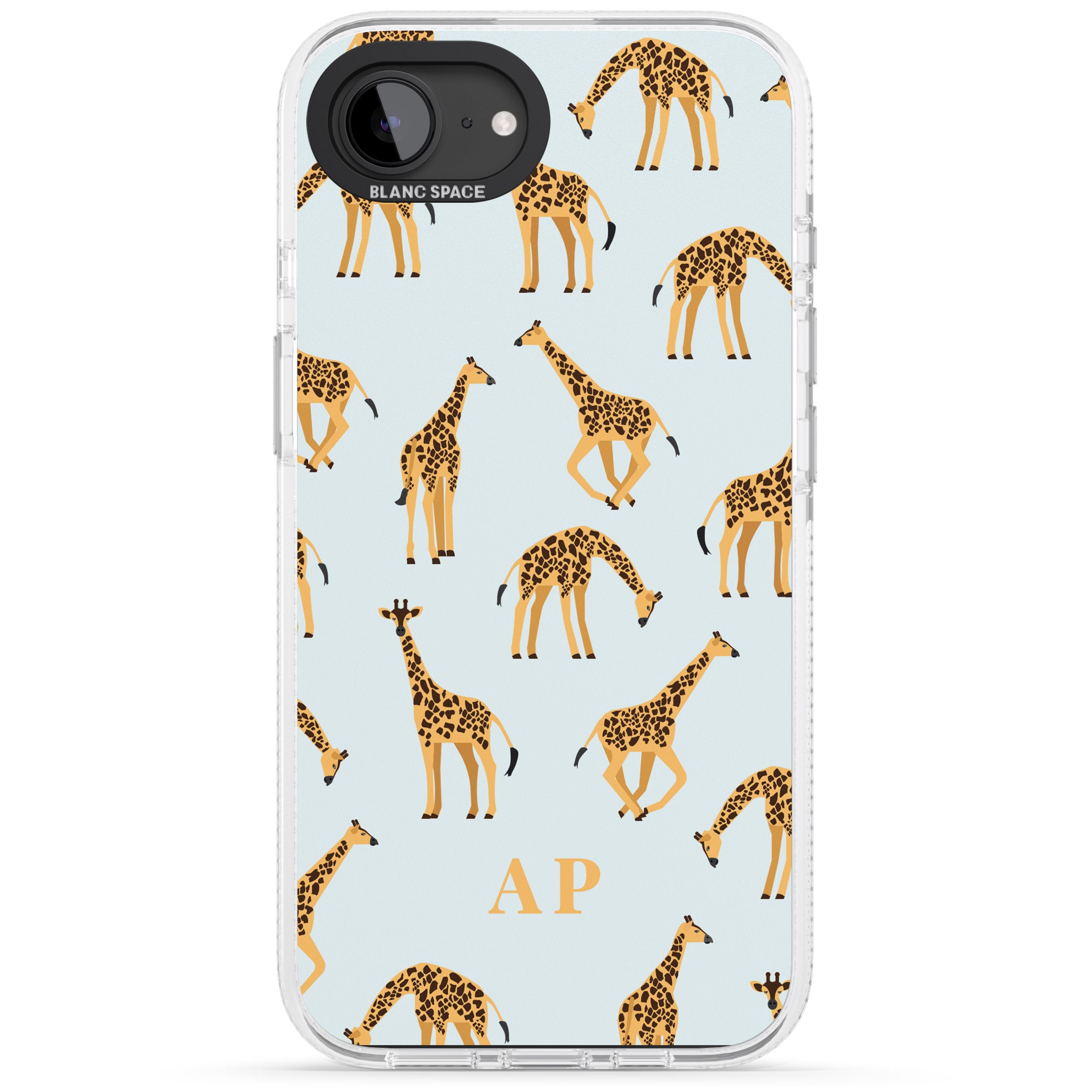 Personalised Safari Giraffe Pattern on Blue iPhone 16e Clear Case Impact Air - Blanc Space