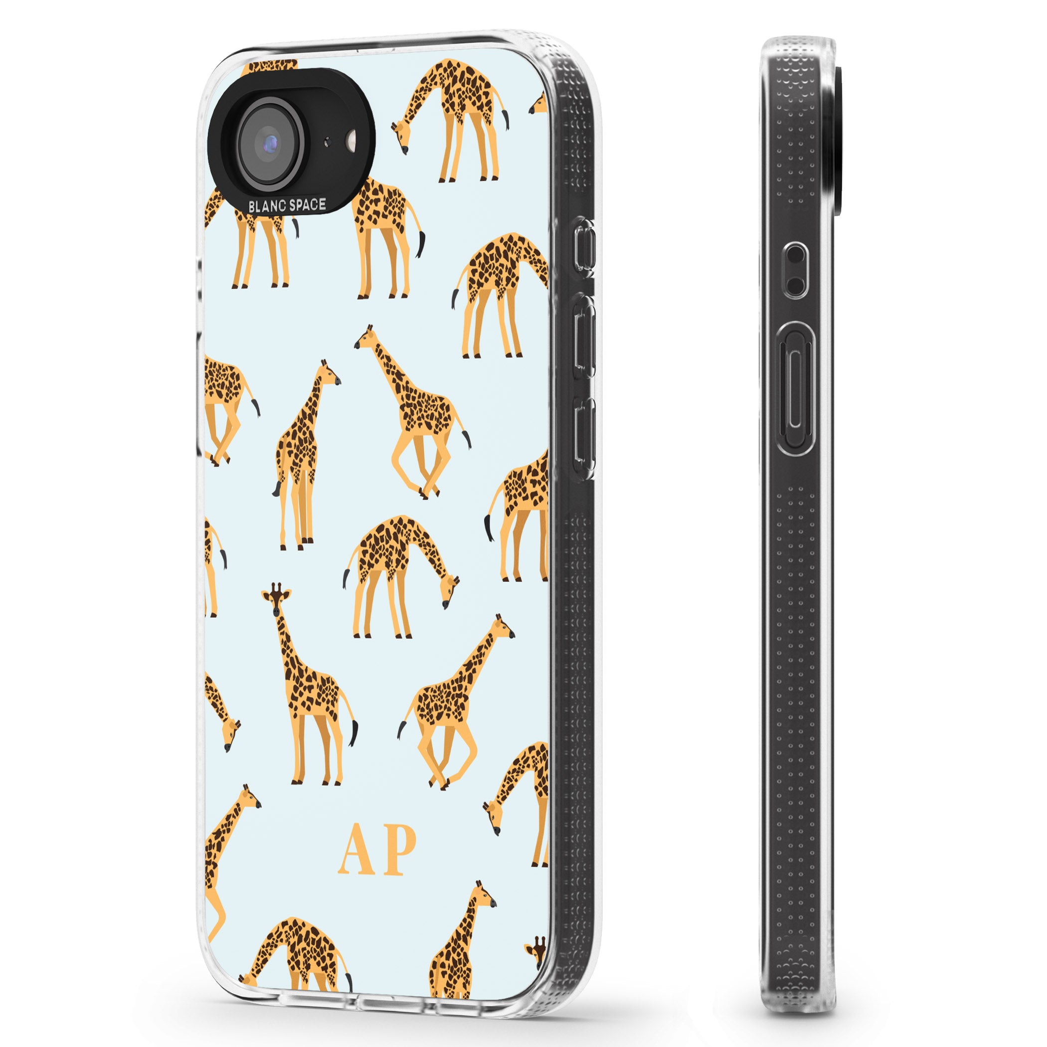 Personalised Safari Giraffe Pattern on Blue iPhone 16e Clear Case Impact Air - Blanc Space